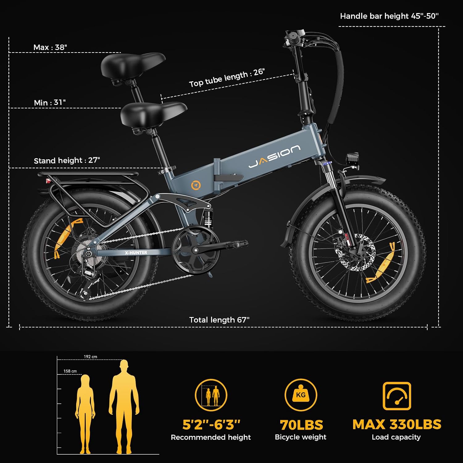 Jasion X-Hunter Electric Bike for Adults 1400W Peak Motor,30MPH Max Speed,48V 13AH Removable Battery,Full Suspension 20''*4.0 Fat Tire Foldable Ebike,7-Speed Bicycle with Basket and Saddle Bag