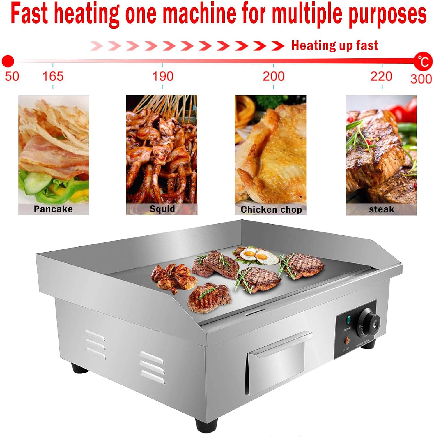 110V 3000W 22' Commercial Electric Countertop Griddle Flat Top Grill Hot Plate BBQ,Adjustable Thermostatic Control,Stainless Steel Restaurant Grill for Kitchen