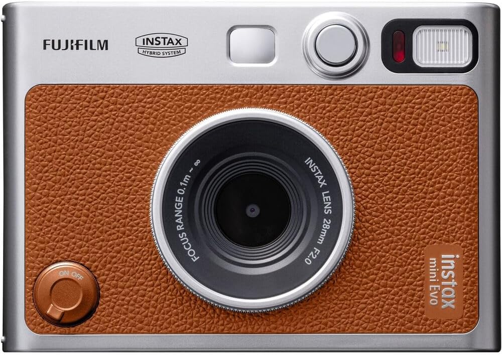 FUJIFILM INSTAX MINI EVO Hybrid Instant Camera | Brown Bundle with Instax Mini Film | 20 Exposures + 64GB Micro SD Card + Mini Album, Borders, Stickers & Clips + Cleaning Cloth (5 Items)