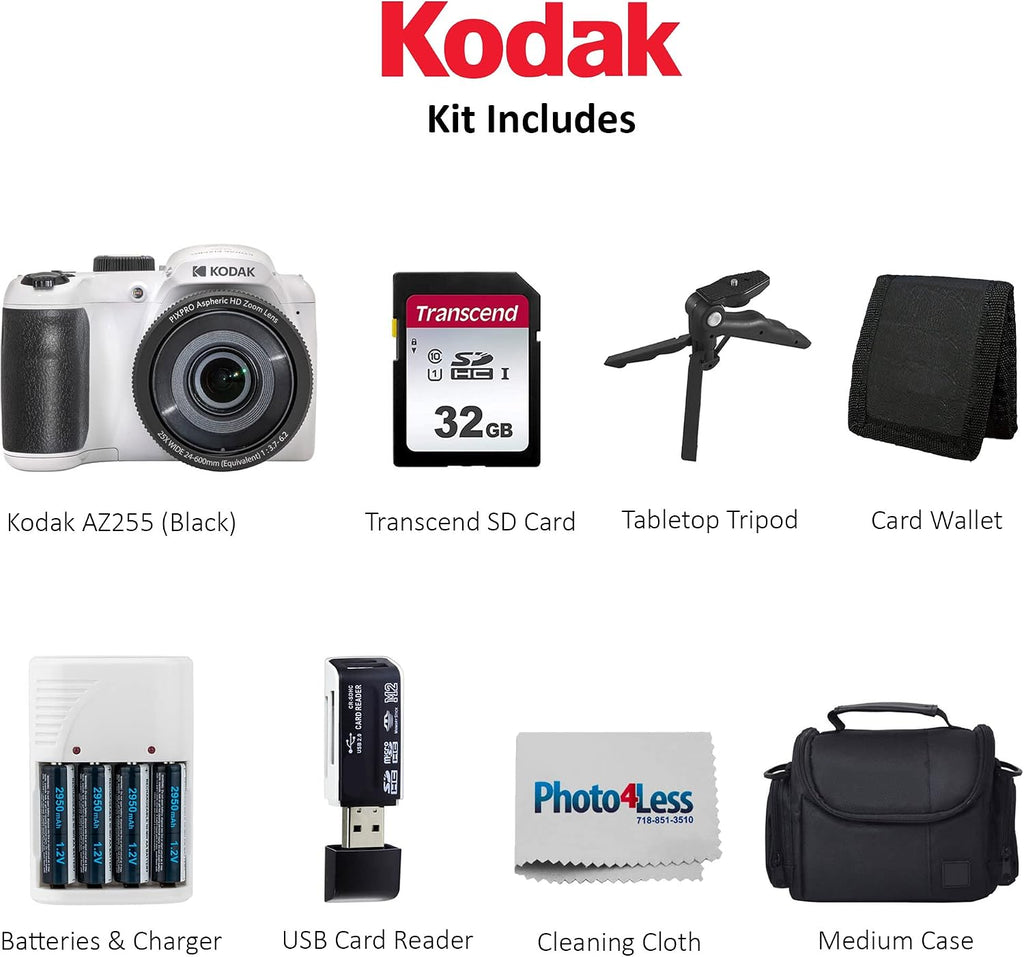 Kodak PIXPRO AZ255 Digital Camera (White) + Point & Shoot Camera Case + Transcend 32GB SD Memory Card + Rechargeable Batteries & Charger + USB Card Reader + Table Tripod + Accessories