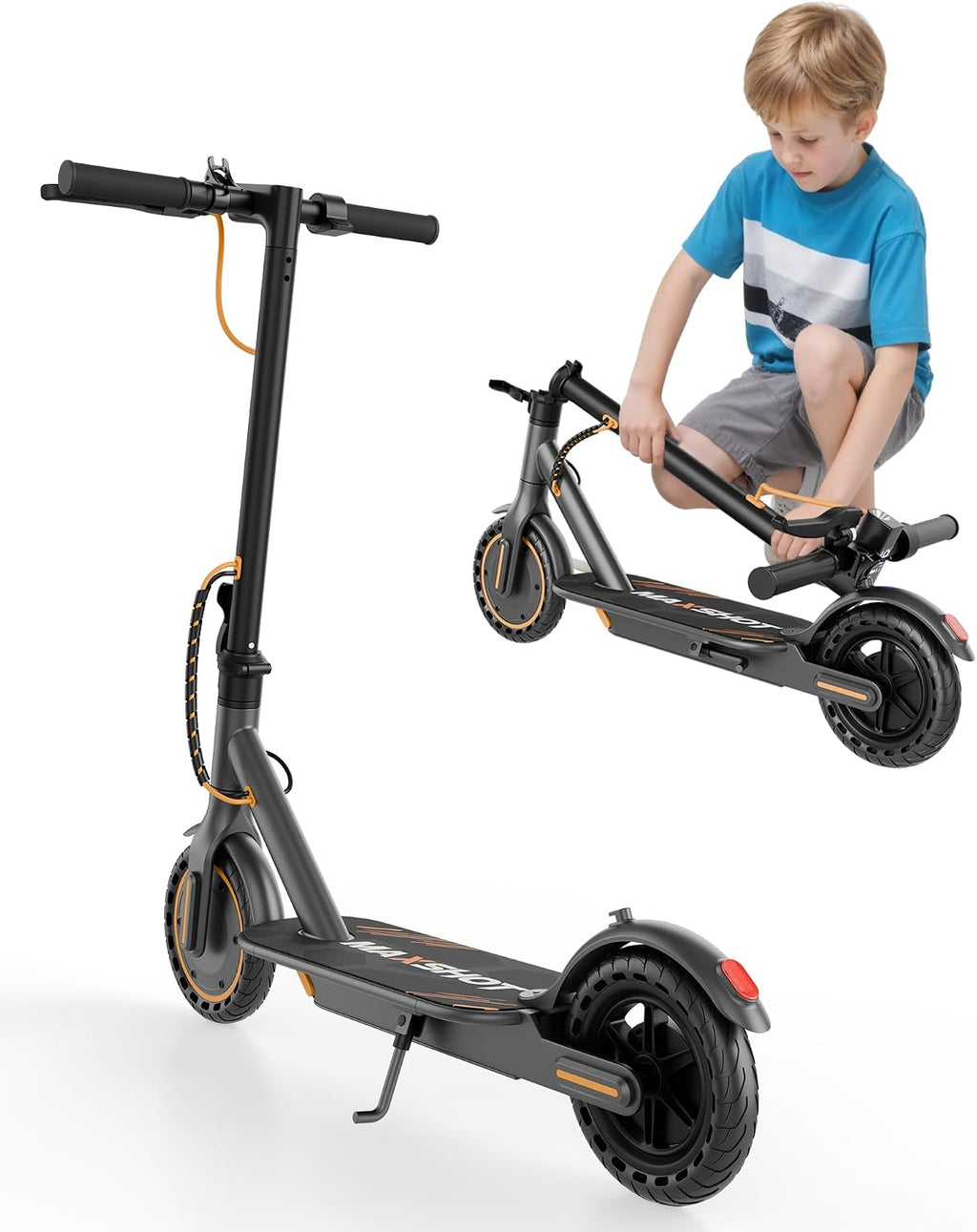 Maxshot Electric Scooter, 8.5' /10' /14' Tire, 16/19/22 Mph Top Speed, 12/16/21/27/28/49/50 Miles Long Range, Folding Escooter for Adults and Kids with Seat Bag, Dual Braking, Dual Suspension, App
