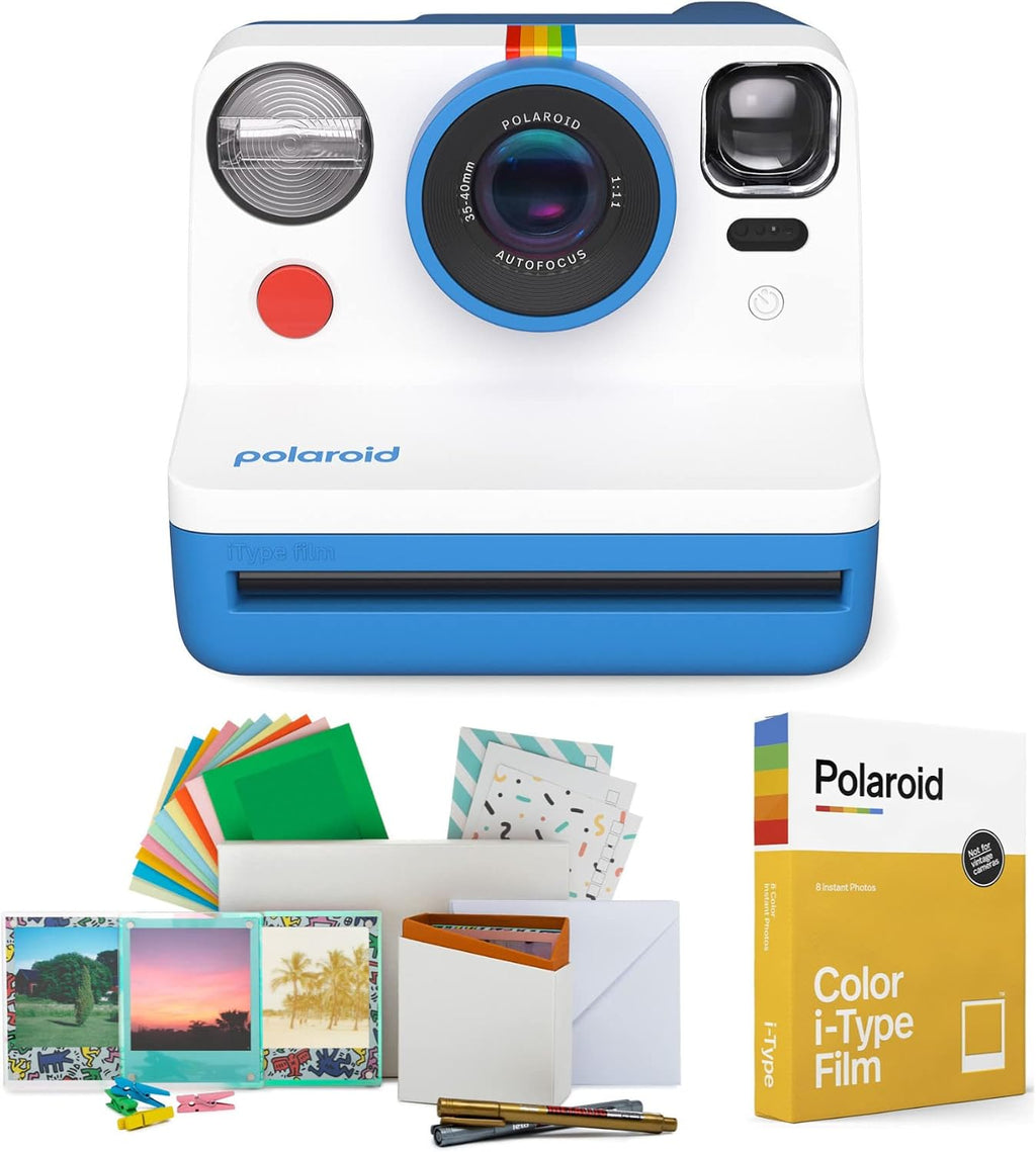 Polaroid Now 2nd Generation I-Type Instant Film Camera (Blue), Shoot and Print Bundle with Magnetic/Hanging Photo Frames and Color Instant Film (8 Exposures) (3 Items)