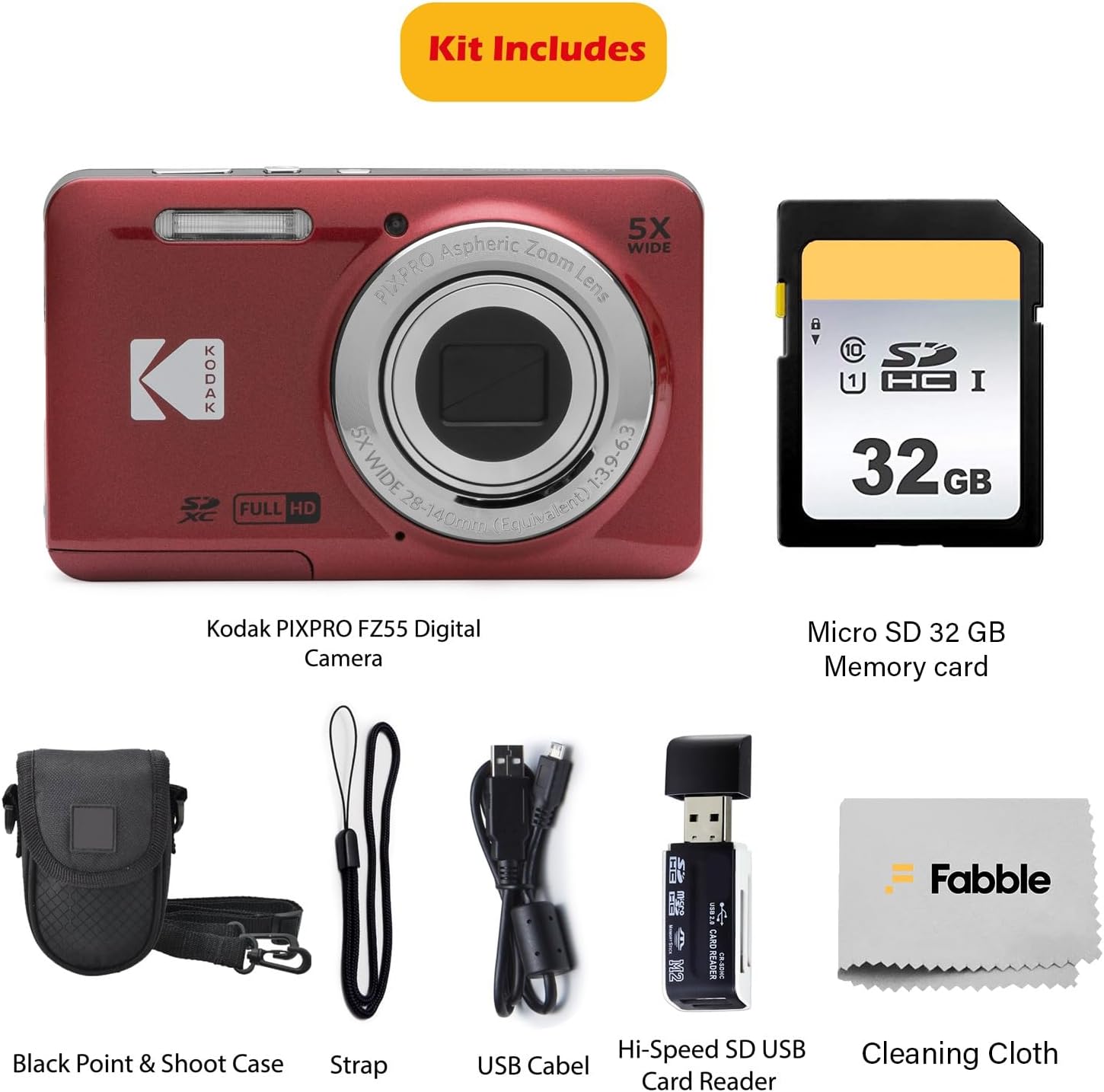 KODAK PIXPRO FZ55 16MP Digital Point & Shoot Camera, 5X Optical Zoom, 28mm Wide Angle, 1080P Full HD Video, Bundle with 32GB SD Card, Protective Case, and Hi-Speed Card Reader (Red)