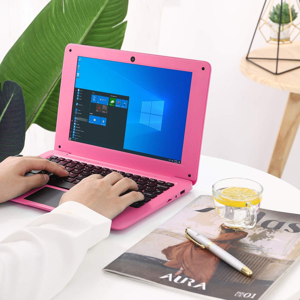 Windows 10 Computer Laptop Mini 10 Inch 32GB Ultra Thin and Light Netbook Quad Core CPU PC HDMI WiFi USB YouTube (Pink)