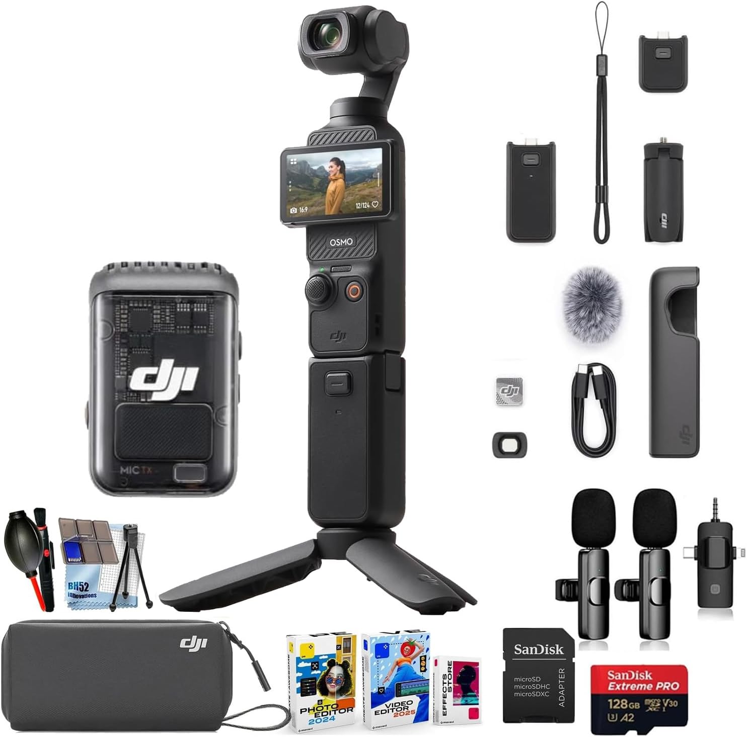 DJI Osmo Pocket 3 Creator Combo, 1'' CMOS, 4K Resolution/120fps Vlog Camera, 3-Axis Stabilization Bundle + Accessories Including 128GB Extreme Card, Editing Software Package, Starter Kit