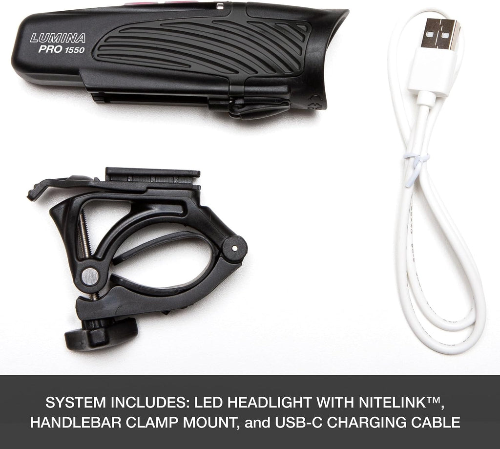 NiteRider Lumina Pro 1550 NiteLink USB-C Rechargeable Bike Light Powerful 8 Modes Fuel Gauge IP64 Waterproof Bicycle Headlight LED Front Light Easy to Install Cycling Safety MTB Road Commuter EBike