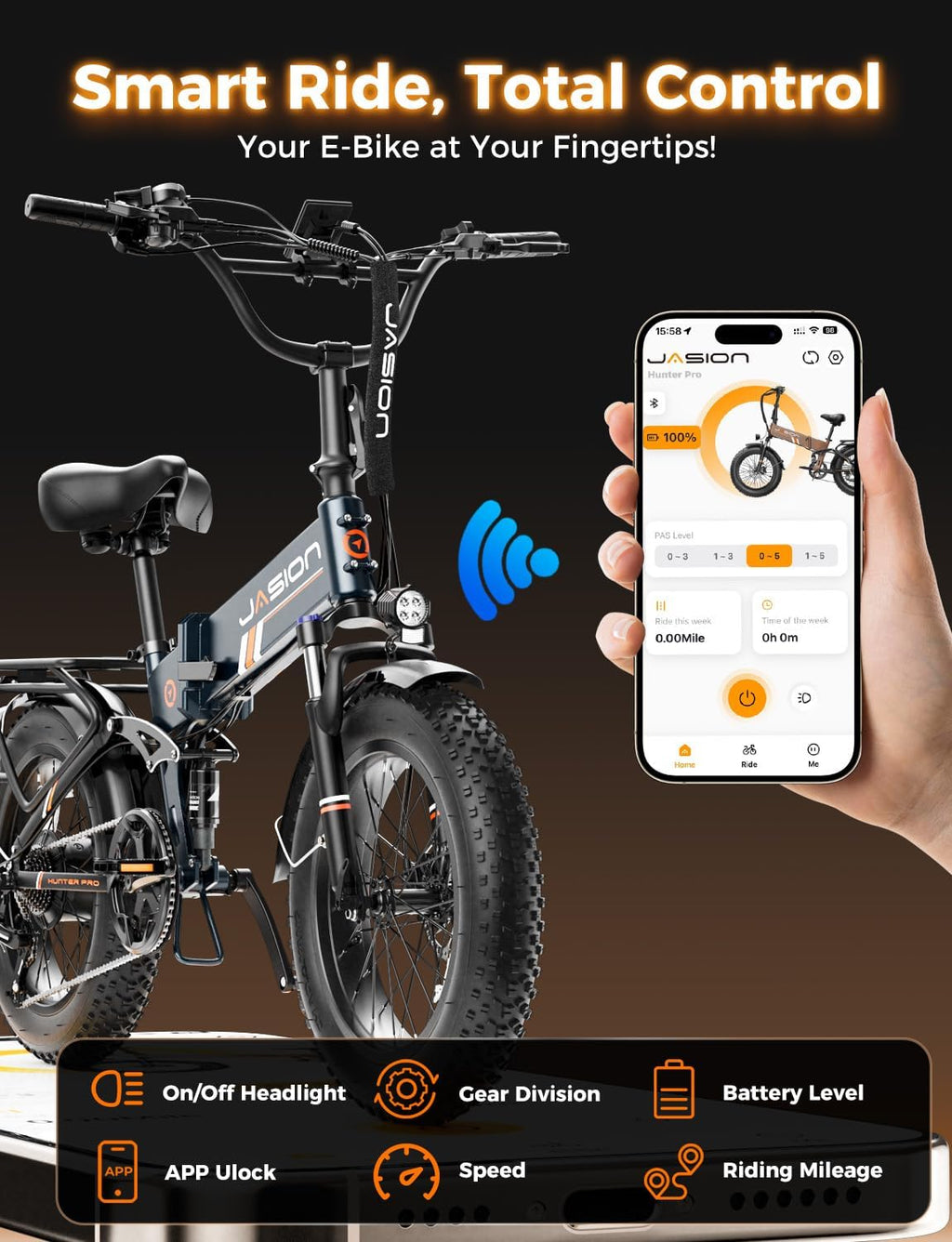 Jasion X Hunter PRO Electric Bike for Adults,1800W Peak 20''Fat Tire Foldable E Bikes,Folding Ebike Up to 80 Miles Range 30 MPH,720 WH Removable Battery,Certified by UL2849，X Hunter Upgrade