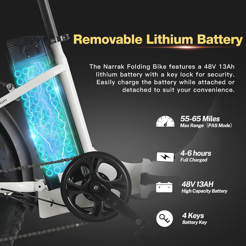 NARRAK Fat Tire Folding Electric Bike, 48V & 624Wh Lithium Removable Battery, Peak 1100W Brushless Motor, Max Speed 20Mph, M5 Large LCD Display, Suspension, Step-Over/Thru Frame