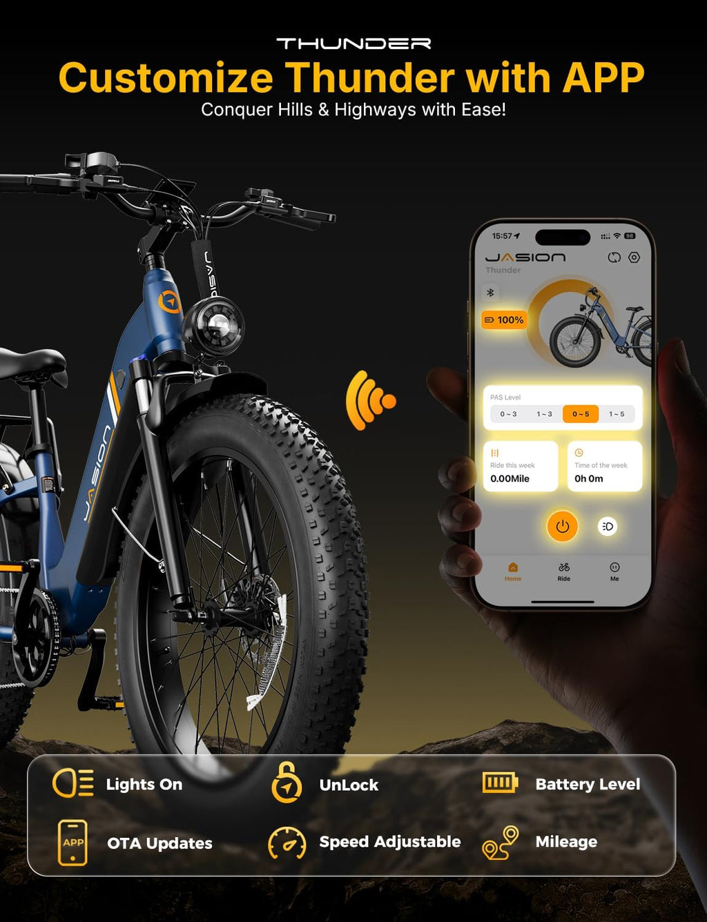 Jasion Thunder/PRO/ST Electric Bike,2000W/1800W Peak Ebikes for Adults,26''Fat Tire Best Ebike for Men,90/80 Miles with 1040Wh/864Wh Battery,35/30+MPH Max Speed Bicycles,500/400LB Capacity