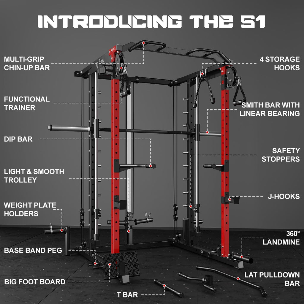S1-V4 Smith Machine, 2000LBS Power Cage with Cable Crossover System, All-in-One Squat Rack with Smith Bar, Strength Training Equipment for Hone Gym
