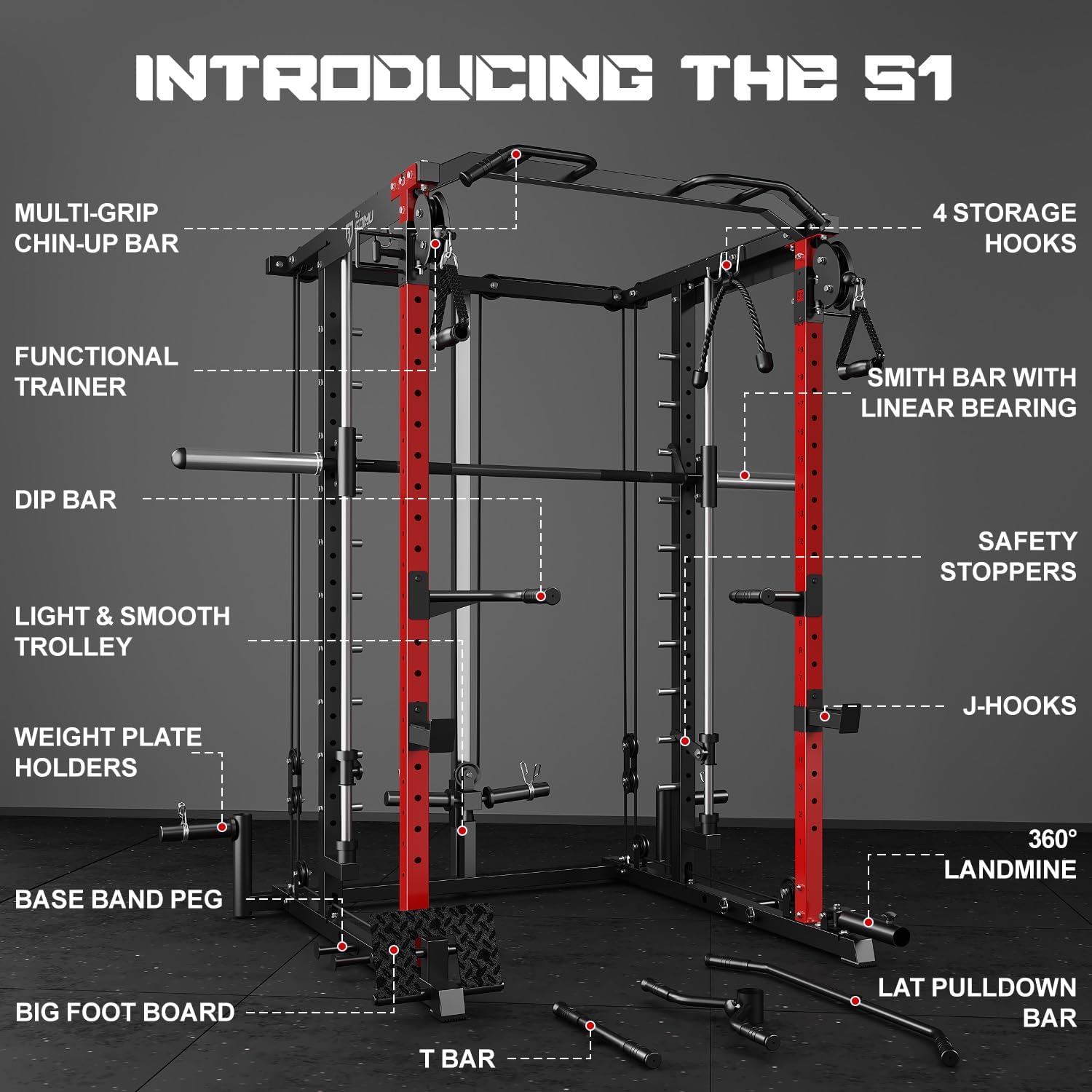 S1-V4 Smith Machine, 2000LBS Power Cage with Cable Crossover System, All-in-One Squat Rack with Smith Bar, Strength Training Equipment for Hone Gym