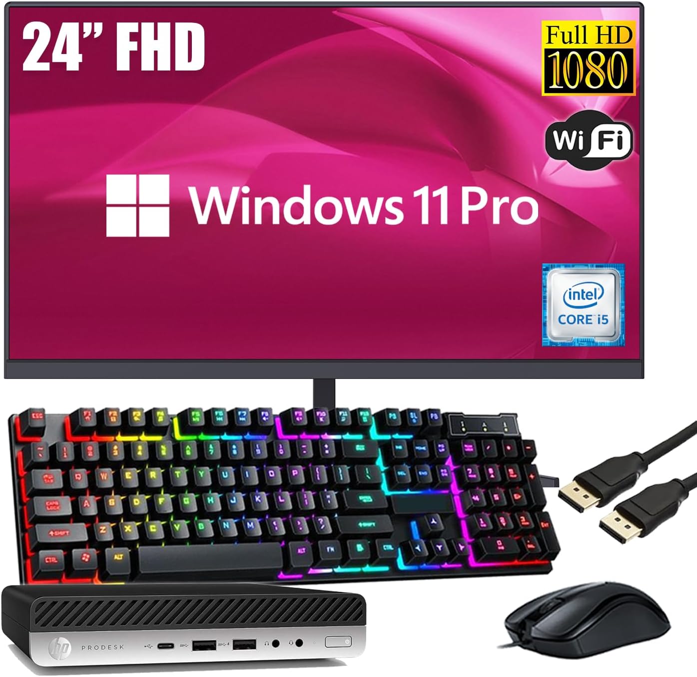 HP ProDesk 600 G4 Mini Desktop Computer with 24' Monitor, Intel Core i5-8500T 3.5GHz, 8GB RAM, 256GB SSD, Keyboard and Mouse, USB-C, WiFi & BT, Windows 11 Pro (Renewed)