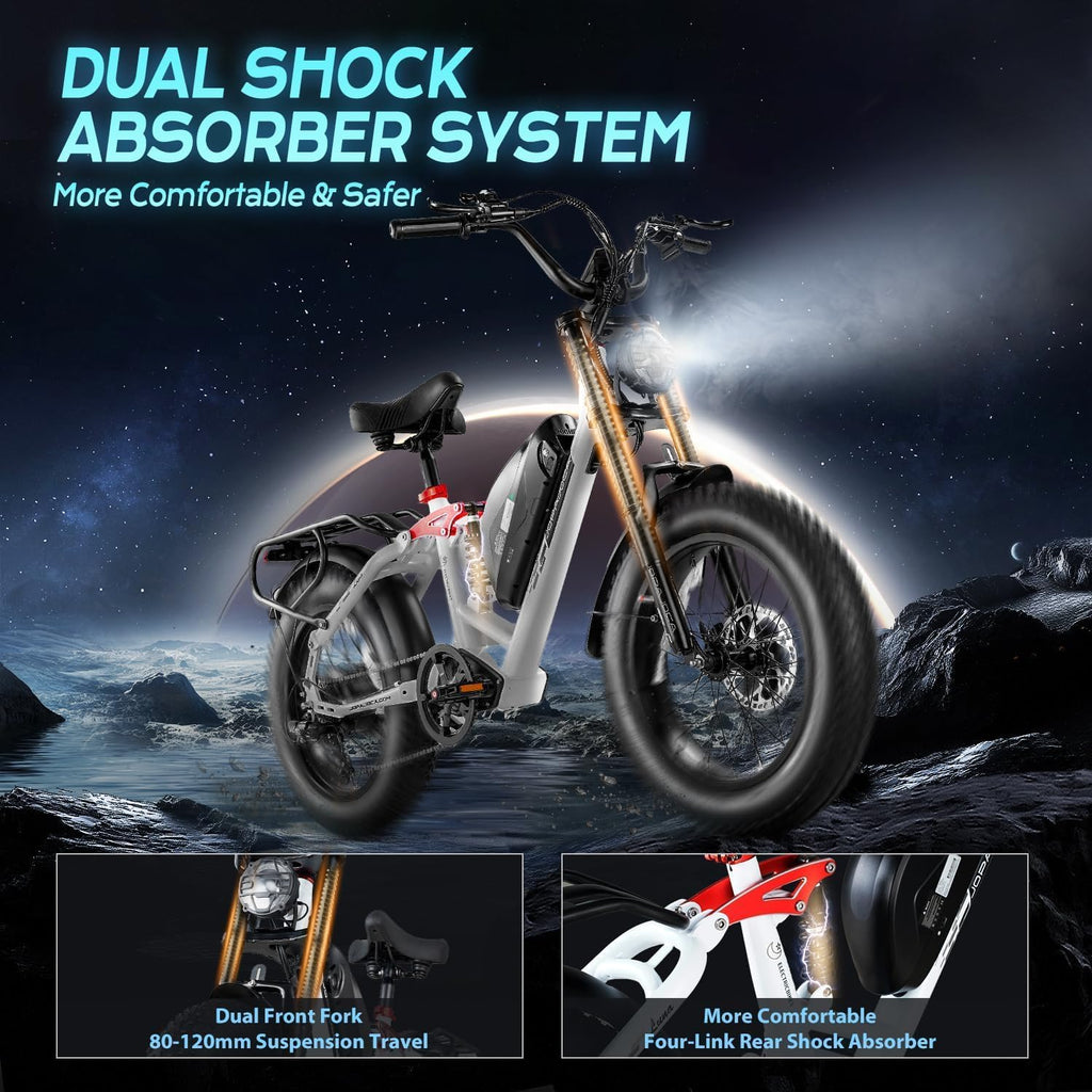 eAhora Luna 2/Terra 2/Luna/Terra Electric Bike for Adults 3000W/1500W Motor 33/31MPH 48V 20/15AH 80+Miles Long Range Ebike, 20'4.0 Fat Tire Full Suspension Dual Hydraulic Disc Brakes Electric Bicycle