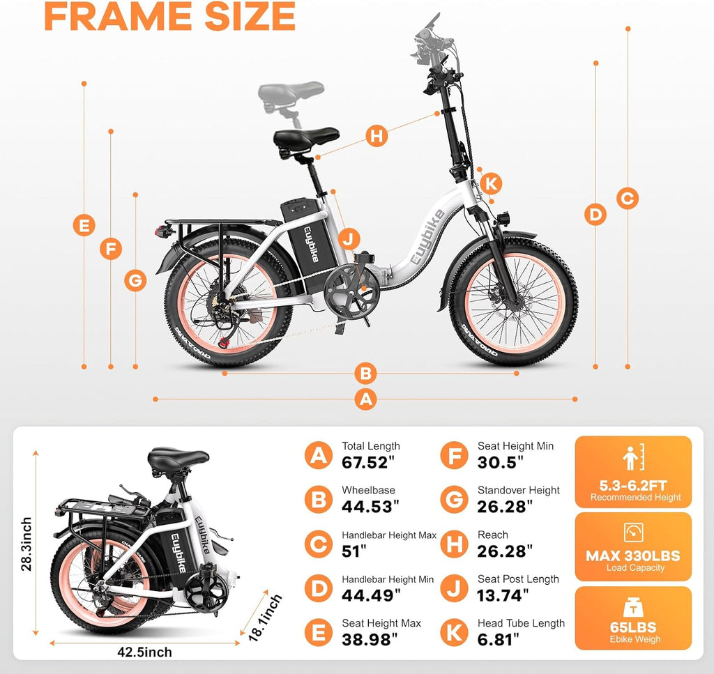 EUYBIKE Folding Electric Bike for Adults with Peak 1000W Motor, 48V 20AH Battery up to 80 Miles, 20' Fat Tire All Terrain Ebike, Front Suspension 7-Speed Commuter E Bike, Step-Thru, UL Certified