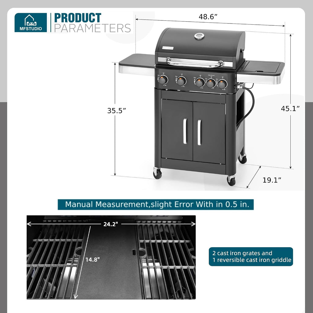 MFSTUDIO 4-Burner Propane Gas BBQ Grill with Side Burner & Porcelain-Enameled Cast Iron Grates, Grill Griddle Combo, 46,700 BTU for Outdoor Backyard Cooking, Black