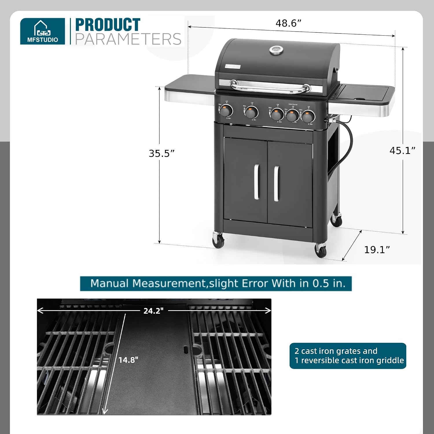 MFSTUDIO 4-Burner Propane Gas BBQ Grill with Side Burner & Porcelain-Enameled Cast Iron Grates, Grill Griddle Combo, 46,700 BTU for Outdoor Backyard Cooking, Black