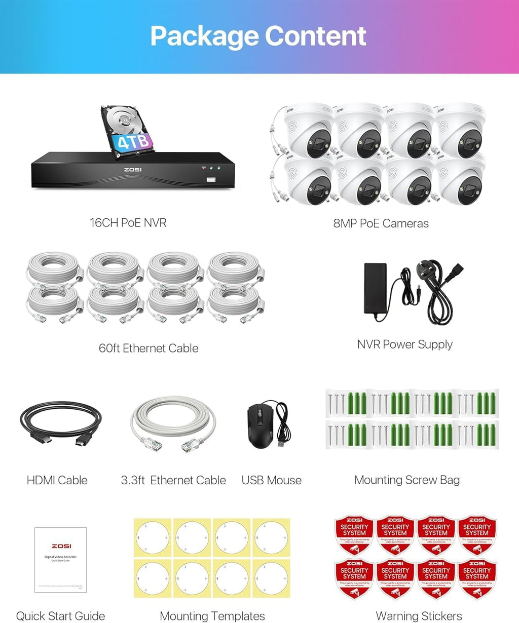 ZOSI 32CH 4K PoE Security Camera System, 8pcs 8MP Outdoor Indoor Metal Dome Cameras, Color Night Vision, Person Vehicle Detection, 2 Way Audio, 16 Port 32 Channel NVR with 4TB HDD for 24/7 Recording