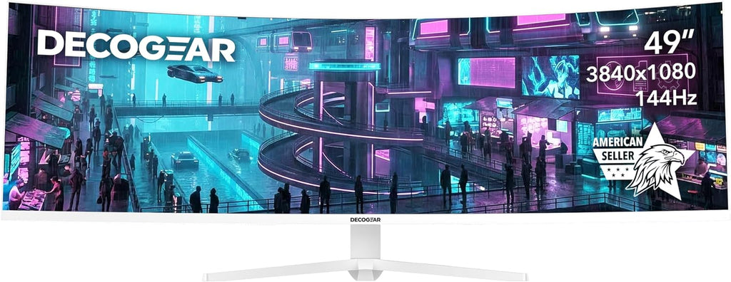 Deco Gear White 49 Inch Curved Monitor, 144HZ Ultrawide DFHD Screen, 3840x1080 32:9 VA Panel, R1500 E-LED, 2 HDMI 2 Display Port, 3000:1, Laptop PC Computer Accessory for Work Gaming Design Create