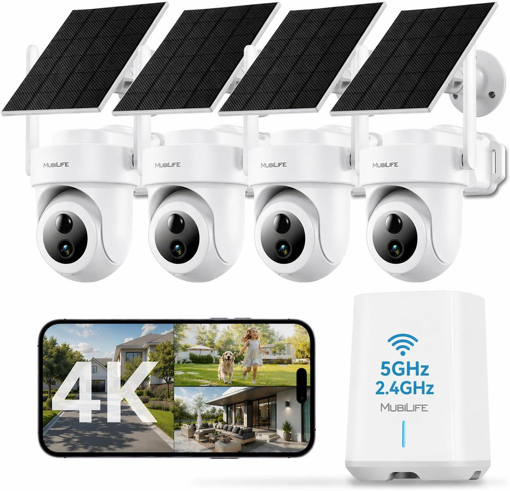 MUBILIFE 4K Ultra HD Solar Security Cameras Wireless Outdoor, No Subscription Required, Home Security Cameras System with 360° Auto Tracking, Color Night Vision, 2.4&5GHz WiFi, Easy Setup, 4-Cam Kit
