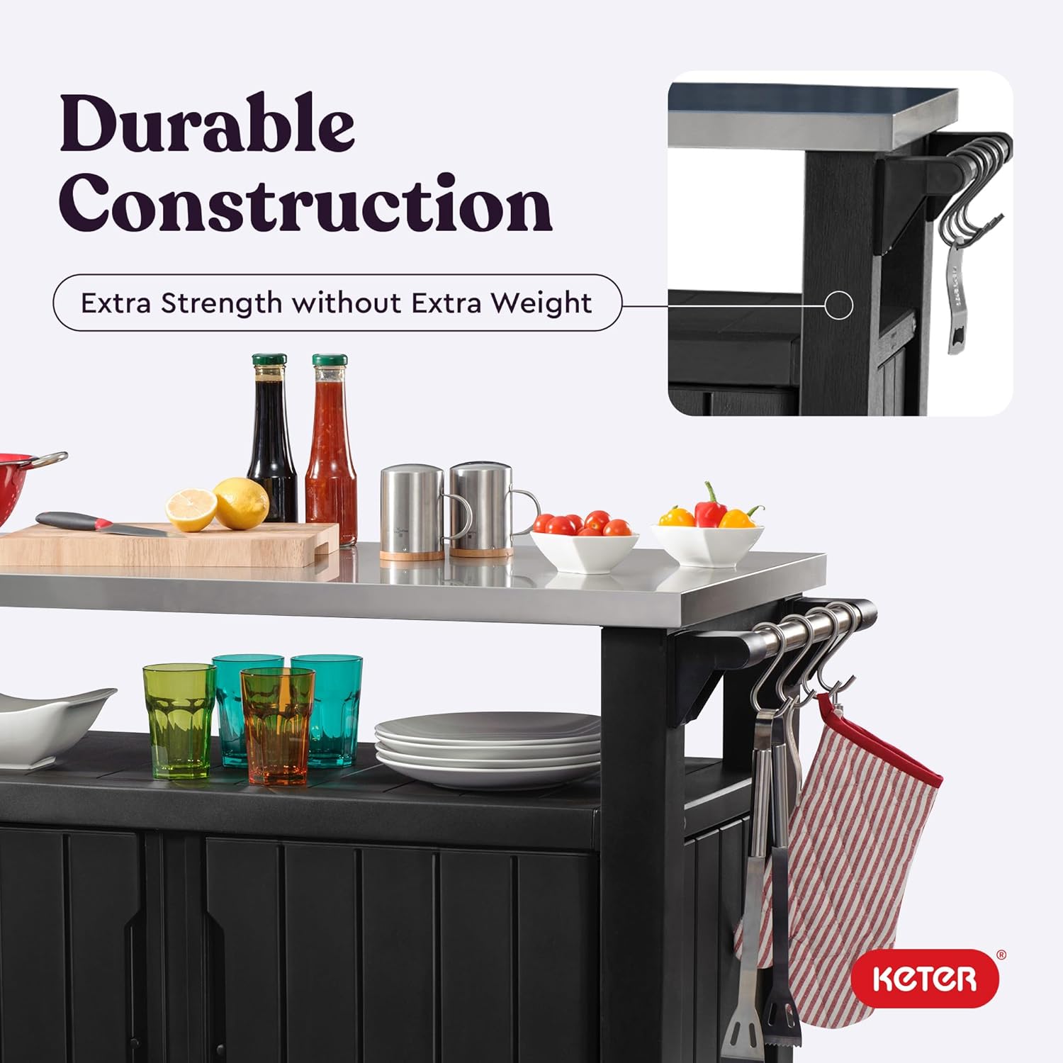 Keter Unity XL Portable Outdoor Table with Stainless Steel Top for Kitchen Prep and Outdoor Storage Cabinet for Grilling Accessories, Dark Grey