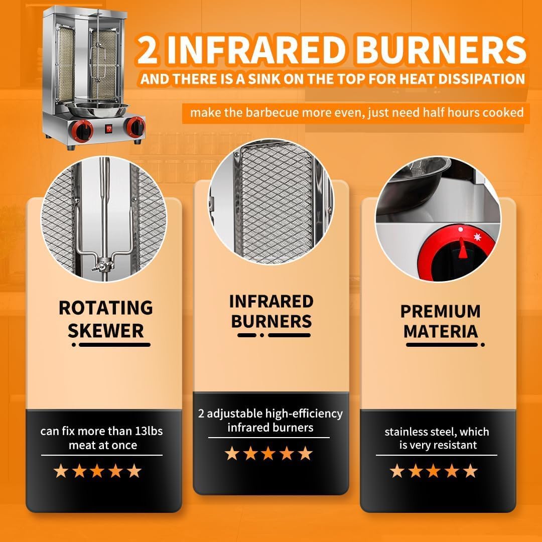 Li Zhen Shawarma Machine Gas Vertical Doner Kebab Machine Shawarma grill Vertical Rotisserie Machine Propane Vertical Broiler with 2 Burner and Meat Catch Pan for Kitchen,(Patented Product)