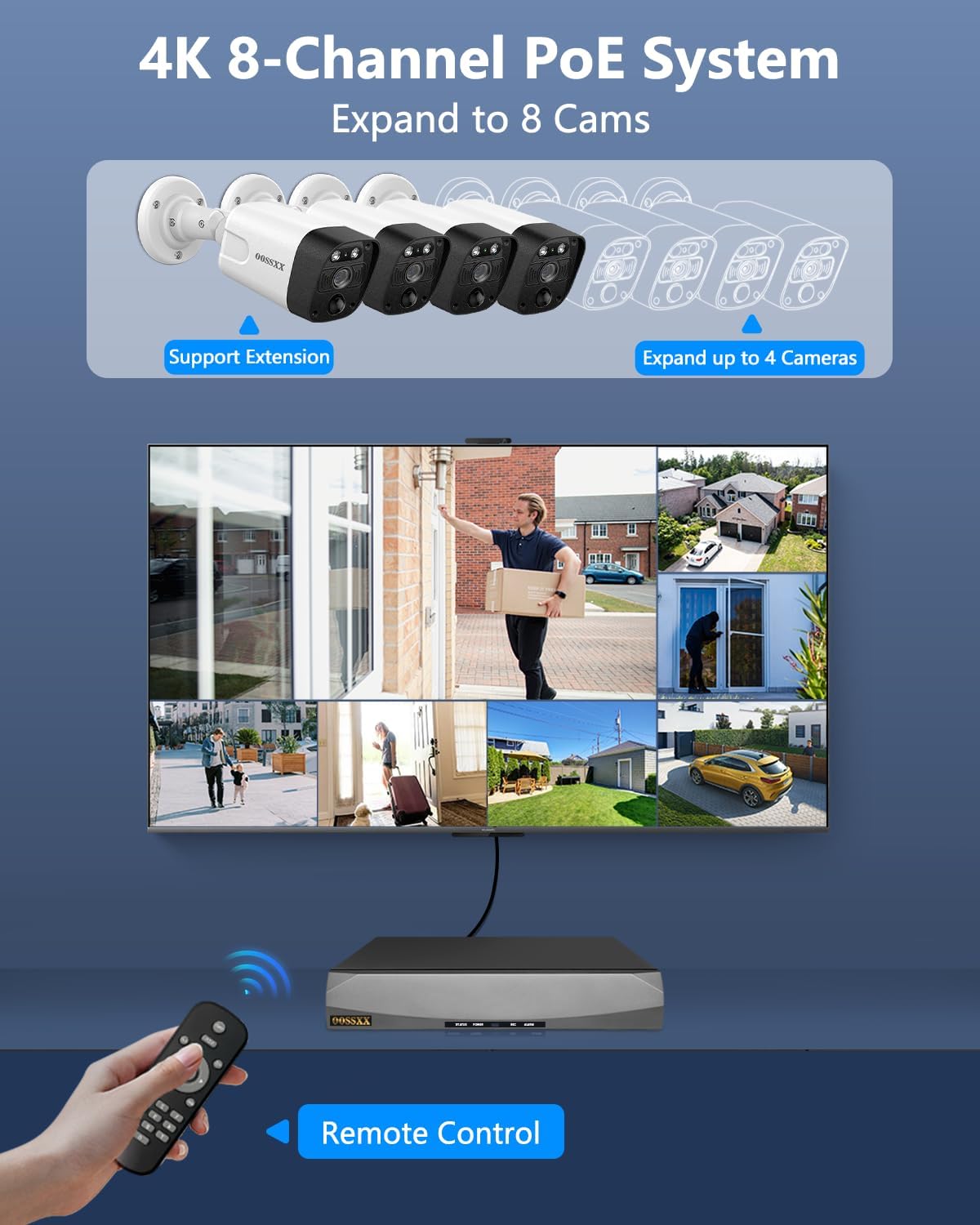 (2026 Update) 4K PoE Security Camera System w/PIR & AI Human Detection, 8CH NVR w/ 4TB HDD, 4 Cameras, 130° Ultra Wide Angle, 120-Day Recording, 2-Way Audio, Remote Control, No Monthly Fee