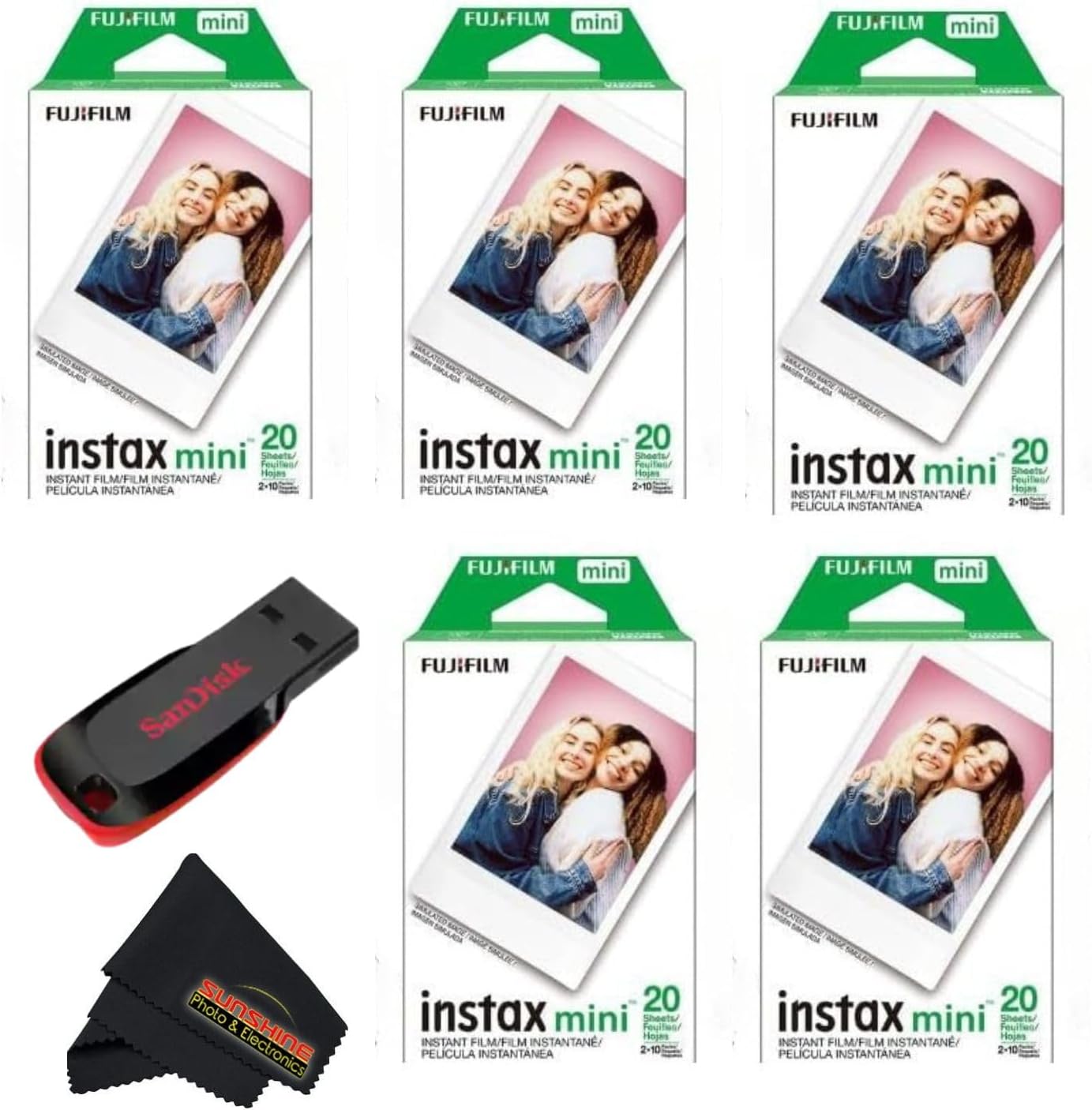 Fujifilm Instax mini Instant Daylight Film (Twin Packs + 32 GB USB Flash Drive) with Sunshine Photo Microfiber Cleaning Cloth... (5 Twin Packs + 32 GB USB Drive)