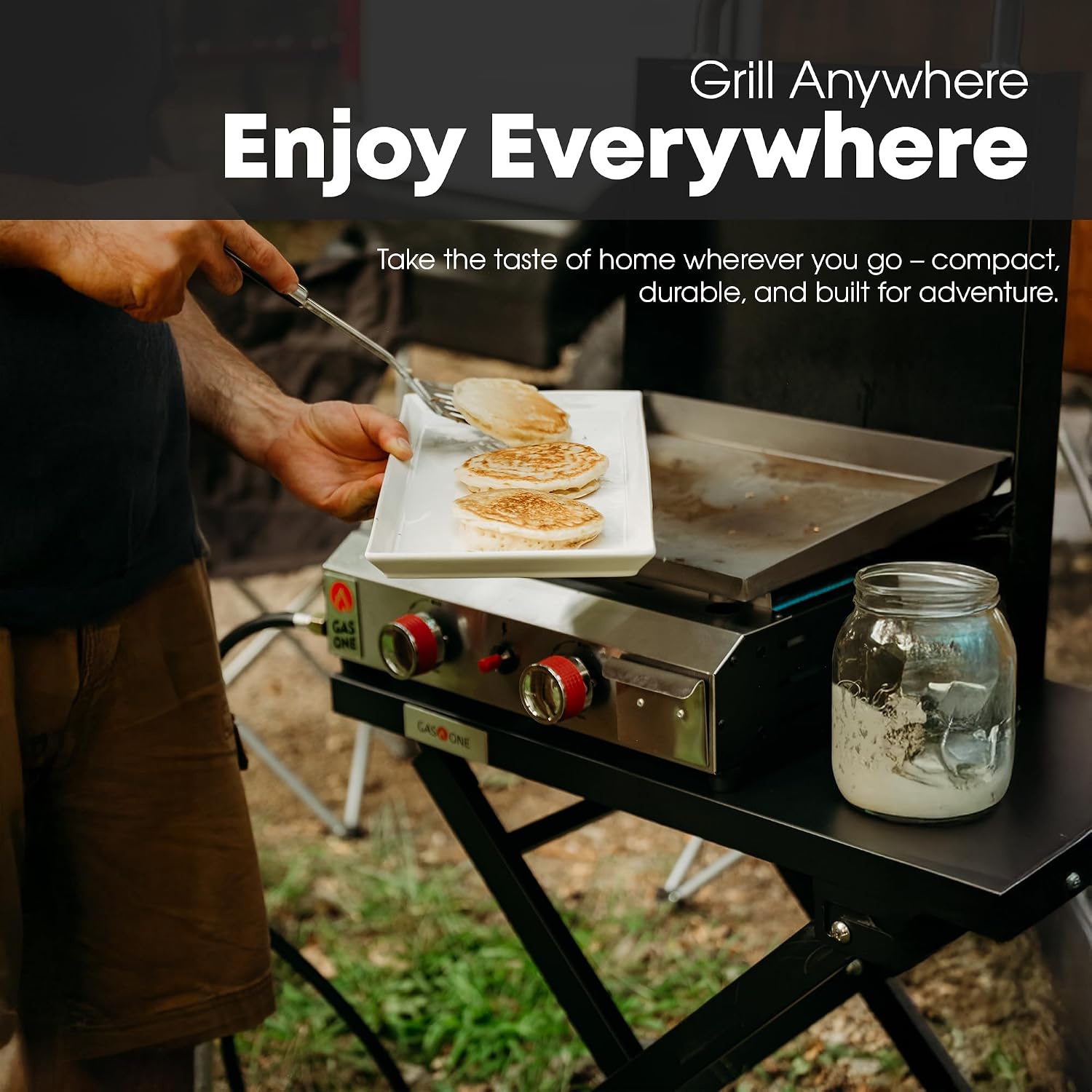 GasOne Flat Top Gas Grill with Lid – Auto Ignition Propane – Premium Stainless Steel Body Tabletop with Pre Season Griddle – Oil Drip Tray – for RV, Camping