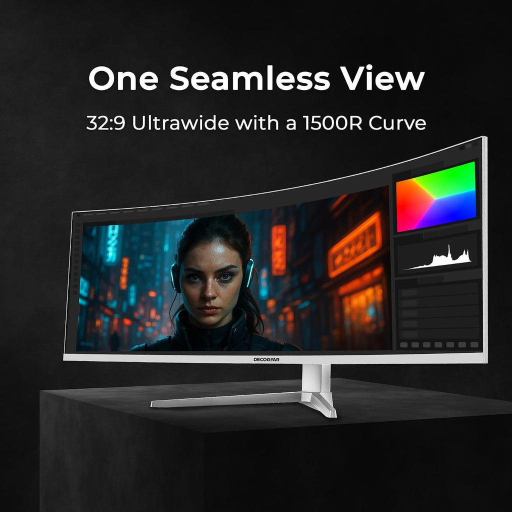 Deco Gear 49' Curved Ultrawide 5K Gaming Monitor, 32:9, 120 Hz, 101% NTSC 100% sRGB, USB-C 65W, Adjustable, Home Office and Entertainment Workstation - Exclusive White Edition