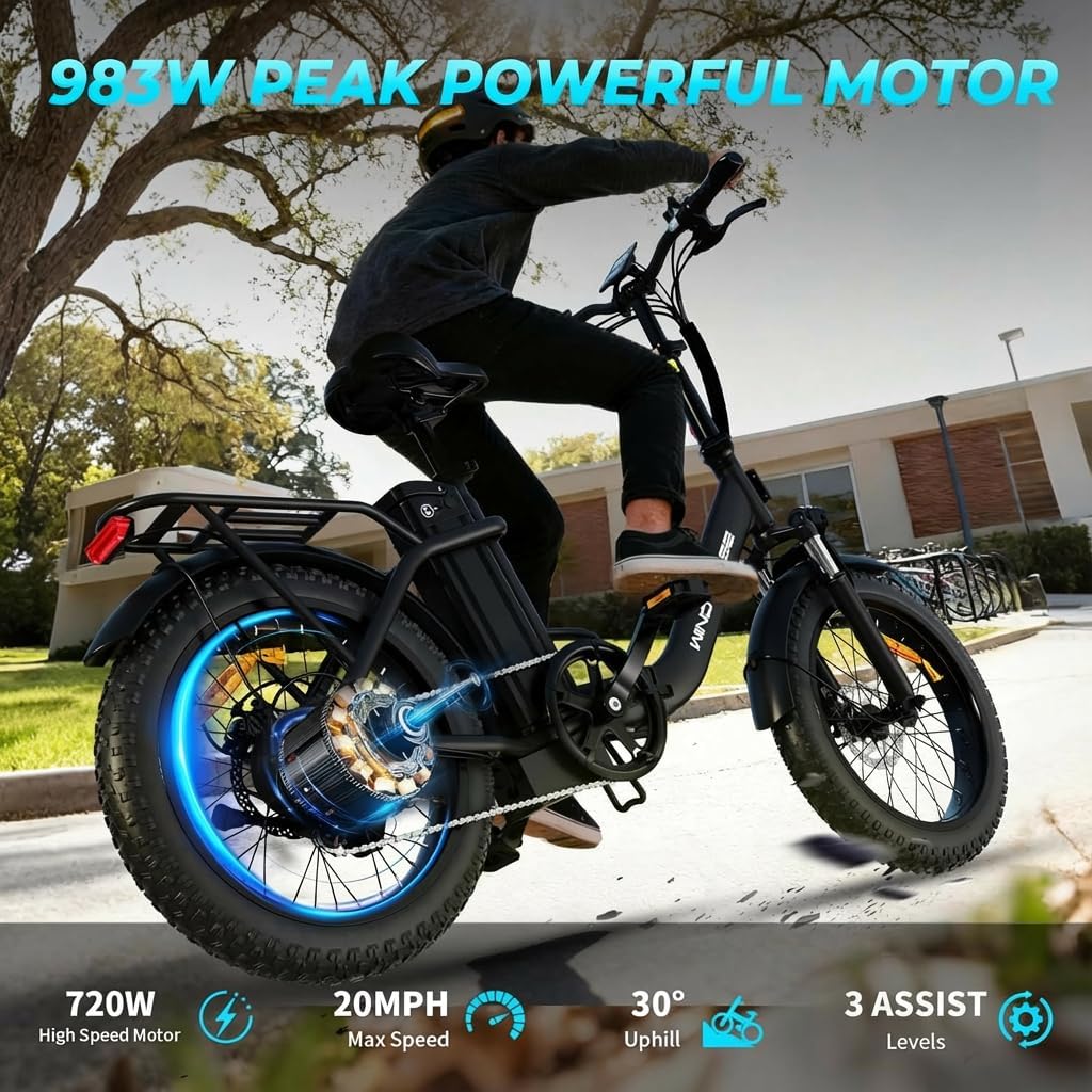 WINDHORSE 20' Folding Electric Bike, 983W Peak Motor, 20MPH, 40–70 Miles, 48V 748.8Wh Removable UL Battery, Front Suspension, Fat Tire E-Bike for Commuting, Beach, All -Terrain | Adults & Teens