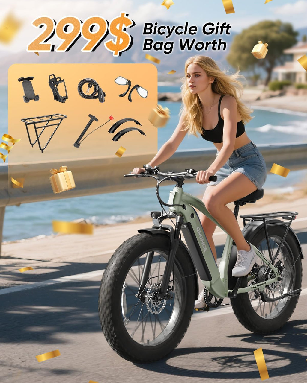 QRONGE Electric Bike for Adults 1800W Peak, 26' Fat Tire Ebike, Adult Electric Bicycles, 28MPH(PAS Mode) Electric Mountain E Bike, Up to 70 Miles, 7 Speed, Fenders, Rear Rack