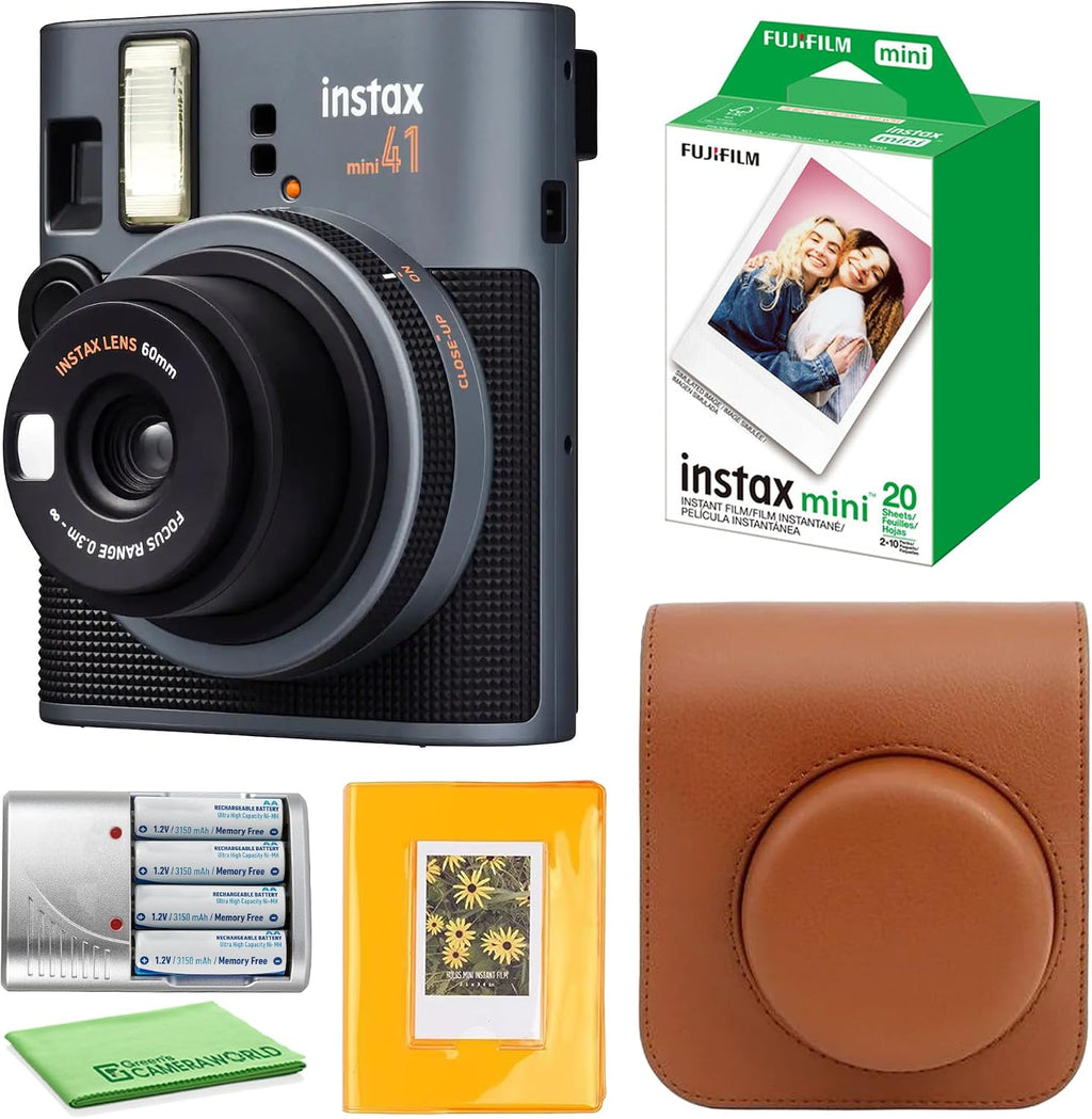 FujiFilm Instax Mini 41 Instant Camera Bundle with Fuji Instax-Instant-mini Film Value Pack (20 Sheets) + Photo Album – 64 Pockets + Protective Case Brown
