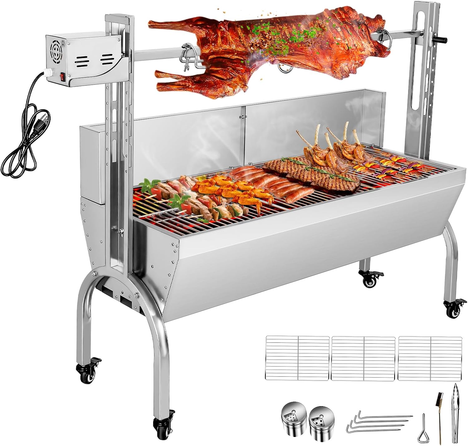 176Lbs Stainless Steel Rotisserie Grill with Back Cover Guard, 25W Motor Small Pig Lamb Rotisserie Roaster, 48.7 Inch BBQ Charcoal Rotisserie Grill for Camping Outdoor Kitchen