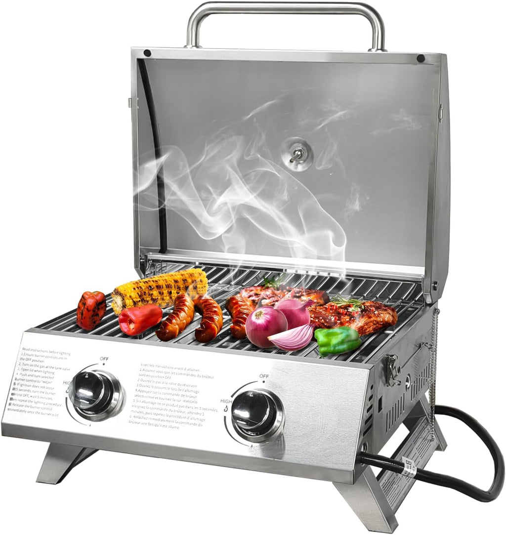 BBQCuker Small Tabletop Gas Grill 2-Burner, Portable Propane Gas Grill with Foldable Legs for Outdoor Camping Cooking Two 10,000 BTU Burners Stainless Steel,Built-in Thermometer