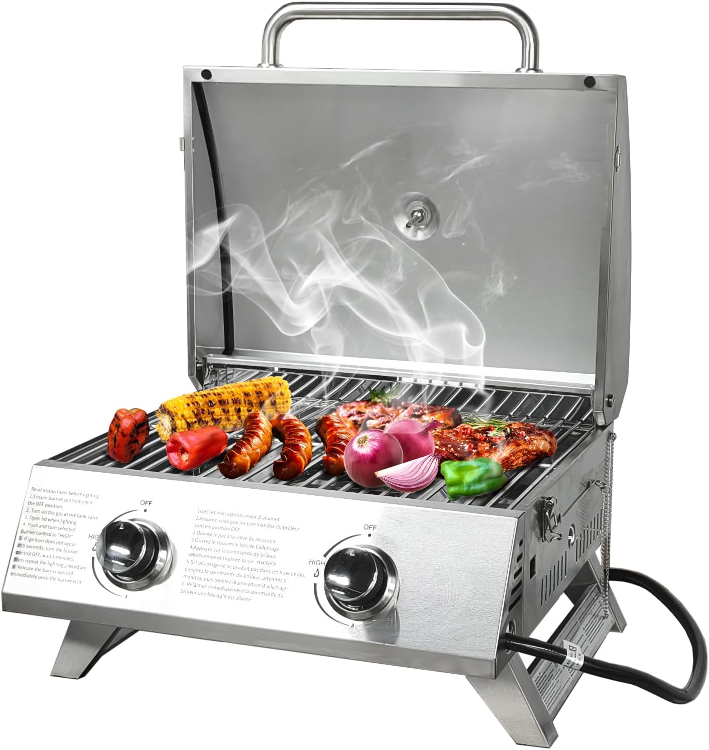 BBQCuker Small Tabletop Gas Grill 2-Burner, Portable Propane Gas Grill with Foldable Legs for Outdoor Camping Cooking Two 10,000 BTU Burners Stainless Steel,Built-in Thermometer