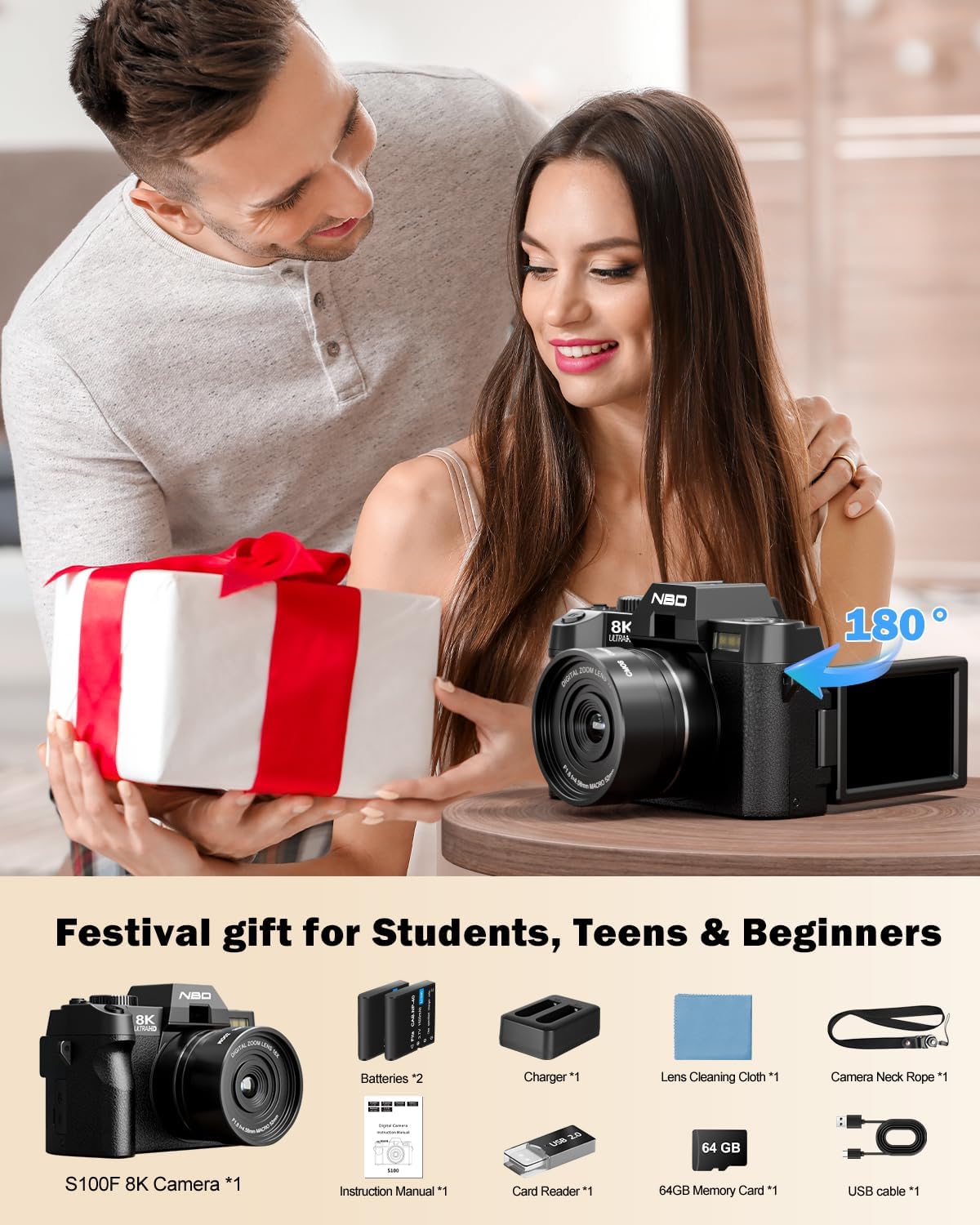 NBD 8K Digital Cameras for Photography,64MP Camara Fotograficas,Travel Vlogging Cameras for YouTube with 180°Flip Screen,16X Digital Zoom,52mm Macro Lens,2 Batteries,64GB TF Card(Black)