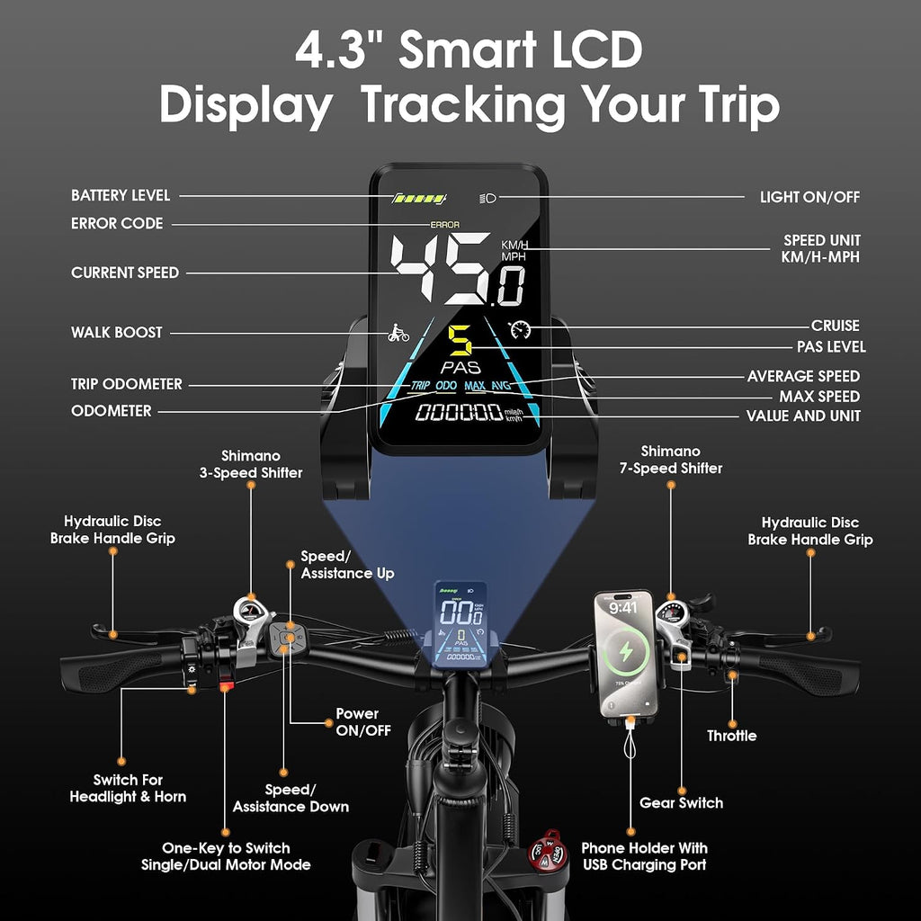 Dual Motor Electric Bike for Adults-6000W Peak, 52V 34AH Battery, 40-45MPH 100 Miles Long Range Ebike, Fat Tire 24 Inch, 7-Speed Hydraulic Brake, Electric Bicycles for Mountain Commuter