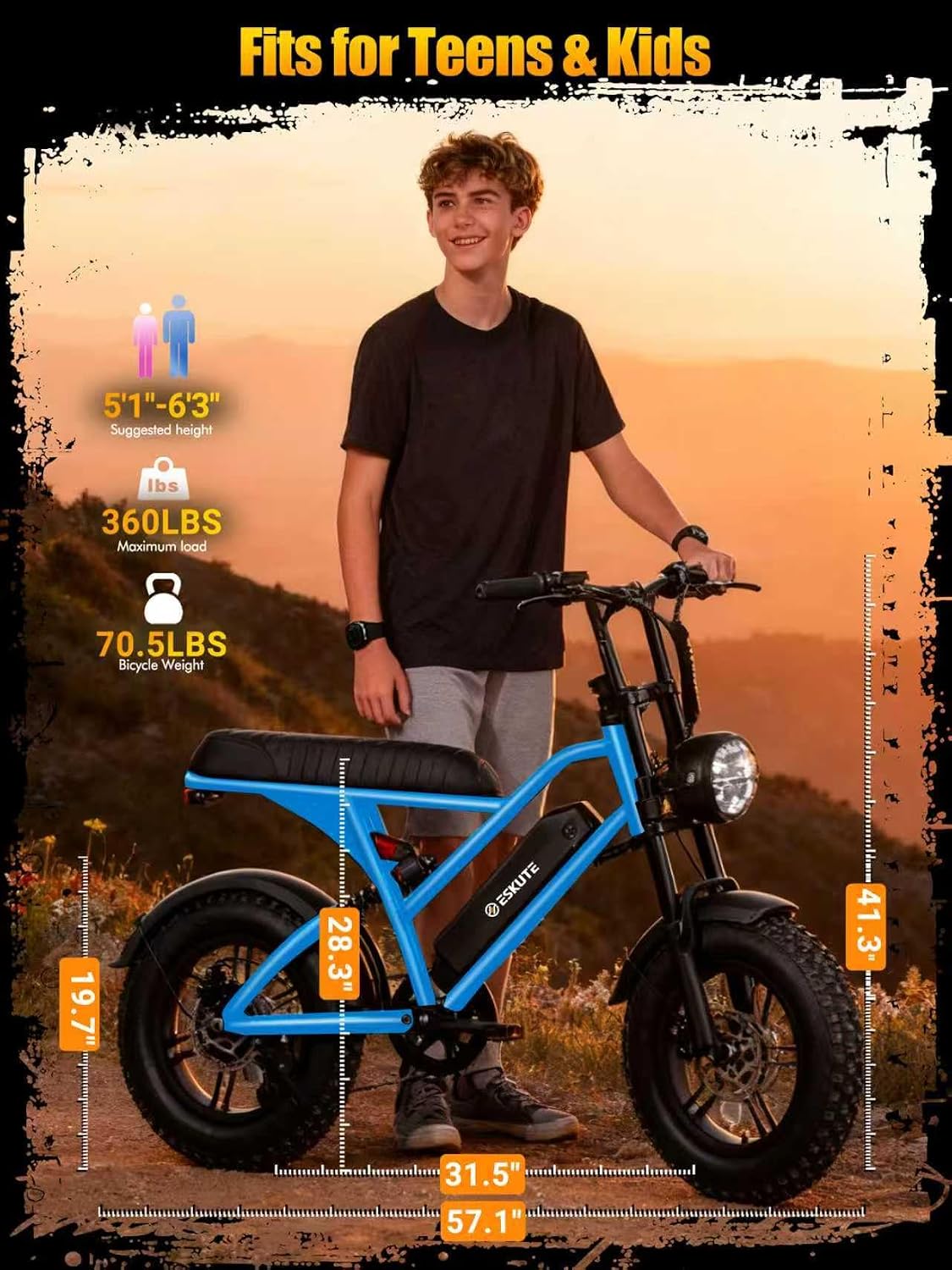 ESKUTE V100 Electric Bike for Adults, Electric Dirt Bike 1500W Peak Motor, All Terrain Dual Suspension E Bike 28MPH Top Speed, Ebike Up to 60 Miles Range, 16' Fat Tire, 48V13Ah Battery, 7-Speed