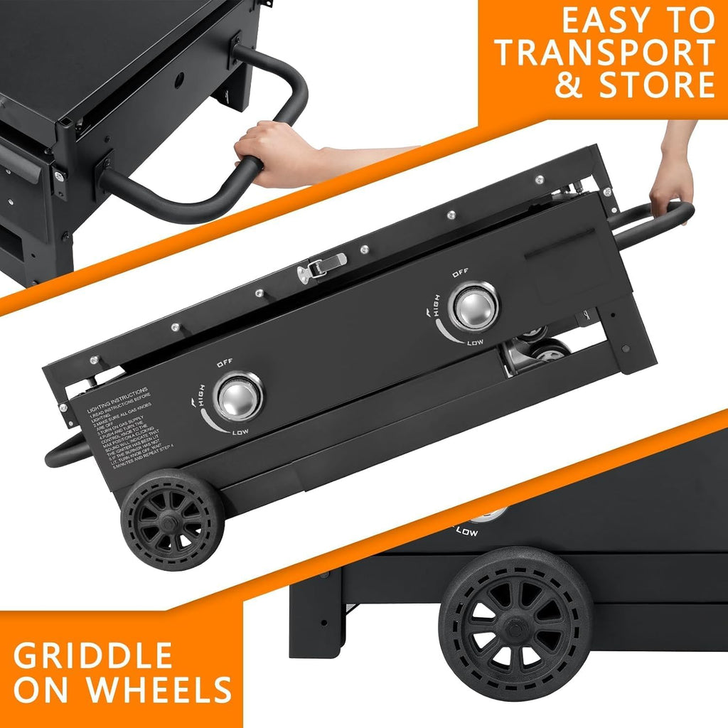 SKOK Foldable Gas Griddle-28 Inch Outdoor Propane Griddle, Portable Flat Top Gas Grill -30000 BTU Propane Fuelled, 2 Burners Table Top Griddle Station with Side Shelves