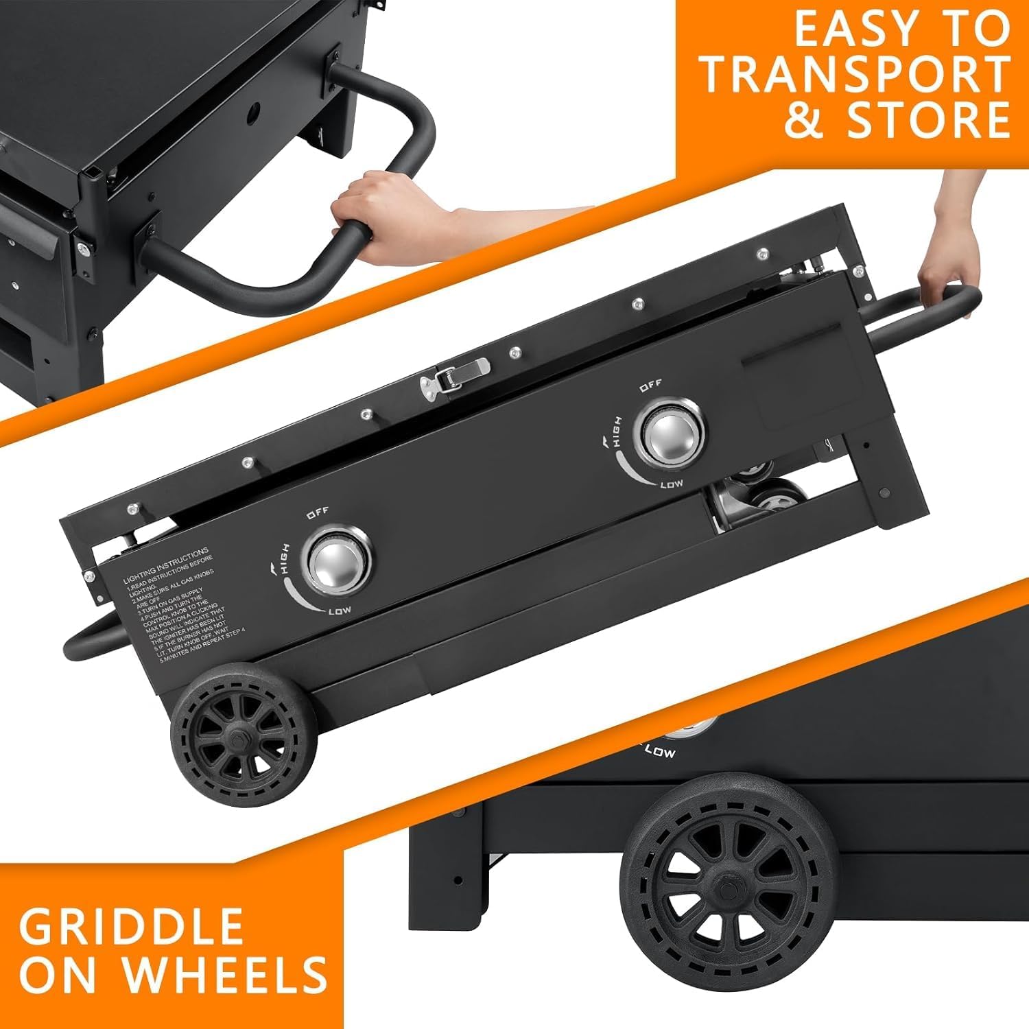 SKOK Foldable Gas Griddle-28 Inch Outdoor Propane Griddle, Portable Flat Top Gas Grill -30000 BTU Propane Fuelled, 2 Burners Table Top Griddle Station with Side Shelves
