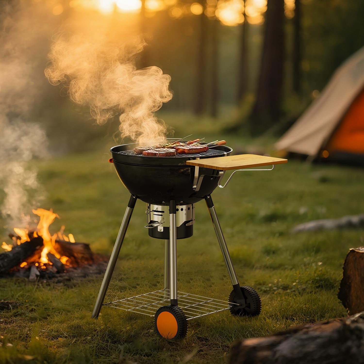 KEYO GRILL 22.5-inch Kettle Charcoal Grills, Portable Charcoal Grill with Adjustable Vents, One Click Cleaning System, Walnut Side Table Outdoor BBQ Grill for Camping, Tailgating and Backyard