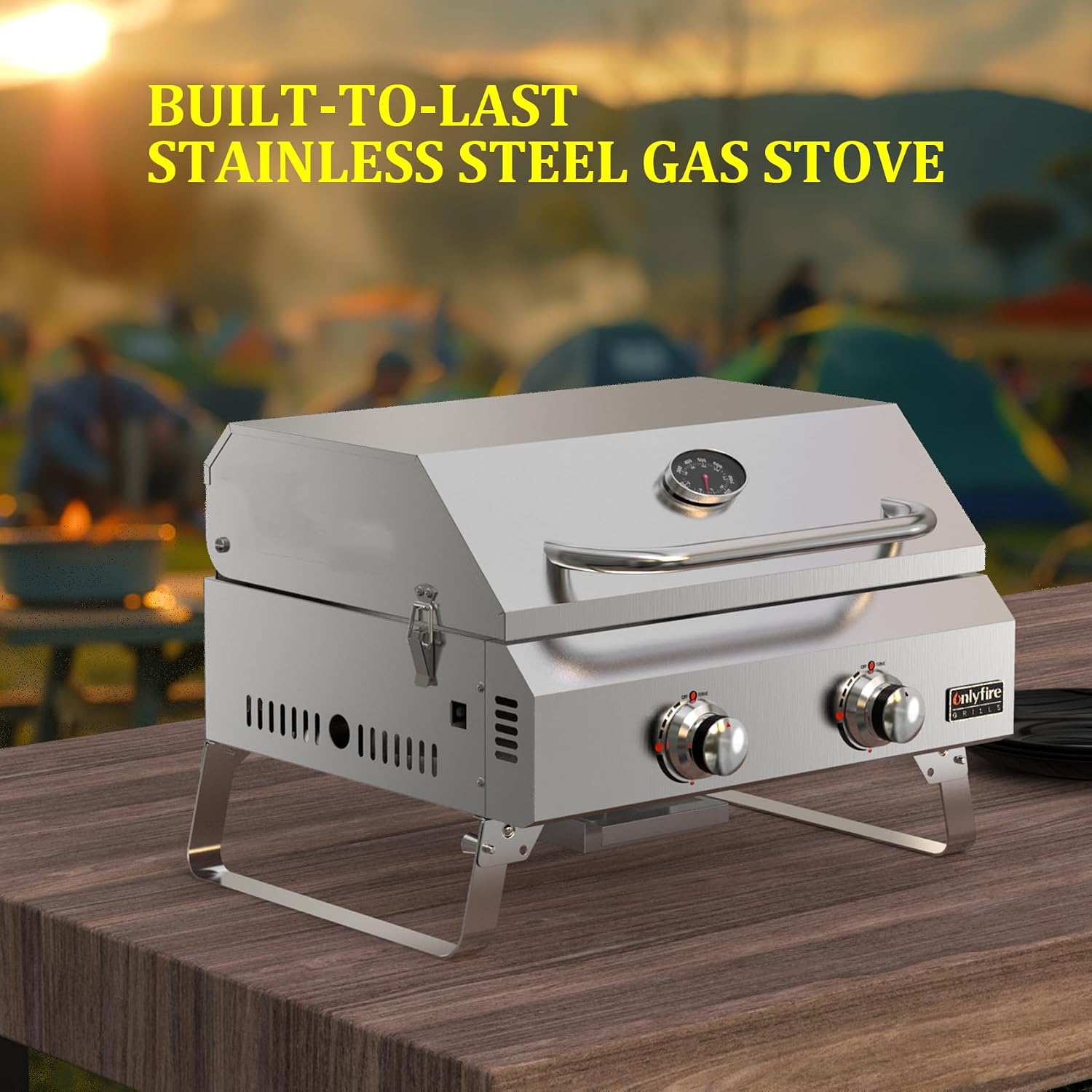 ONLYFIRE GRILLS Tabletop Gas Grill 2 Burners, 20' Portable Propane Grill with Foldable Legs for Outdoor Patio Backyard Camping Tailgating RV Trip Beach, Stainless Steel Gas Stove 16000BTU, GS322