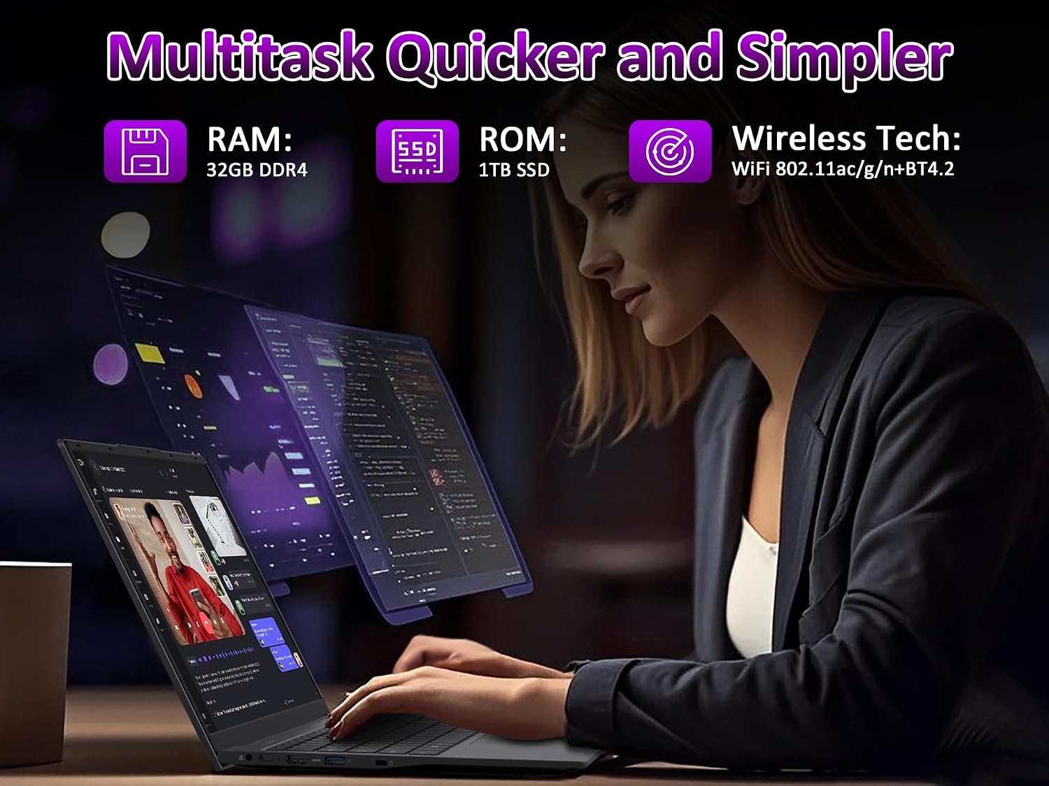 32GB RAM Laptop Computer with 1TB NVMe SSD, Intel N150 Quad-Core Processor(Up to 3.6GHz), 15.6' FHD IPS Display, 8000mAh Battery, Backlit Keyboard, Privacy Webcam, Fingerprint Unlock, Win11 Pro