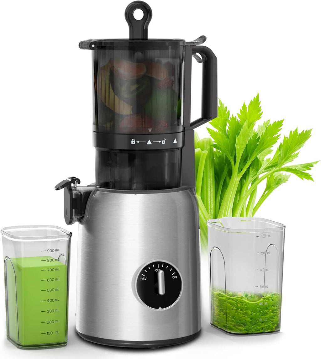Crzoe 300W Cold Press Juicer with a 5.4 Wide Feed Chute for Whole Fruits and Vegetables,Vintage knob,Slow Masticating juicer, Easy to Clean and High juice Yield,Cylindrical body,Stainless Steel
