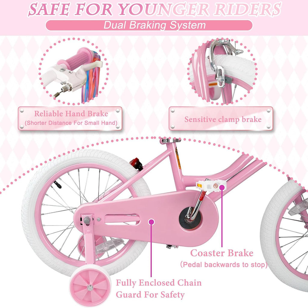 Glaf Toddler Girls Bike 12 14 16 20 Inch Girls Bike with Training Wheels Age 2-12 Years Old Bicycle Kids Bike with Basket and Doll Seat Adjustable Seat