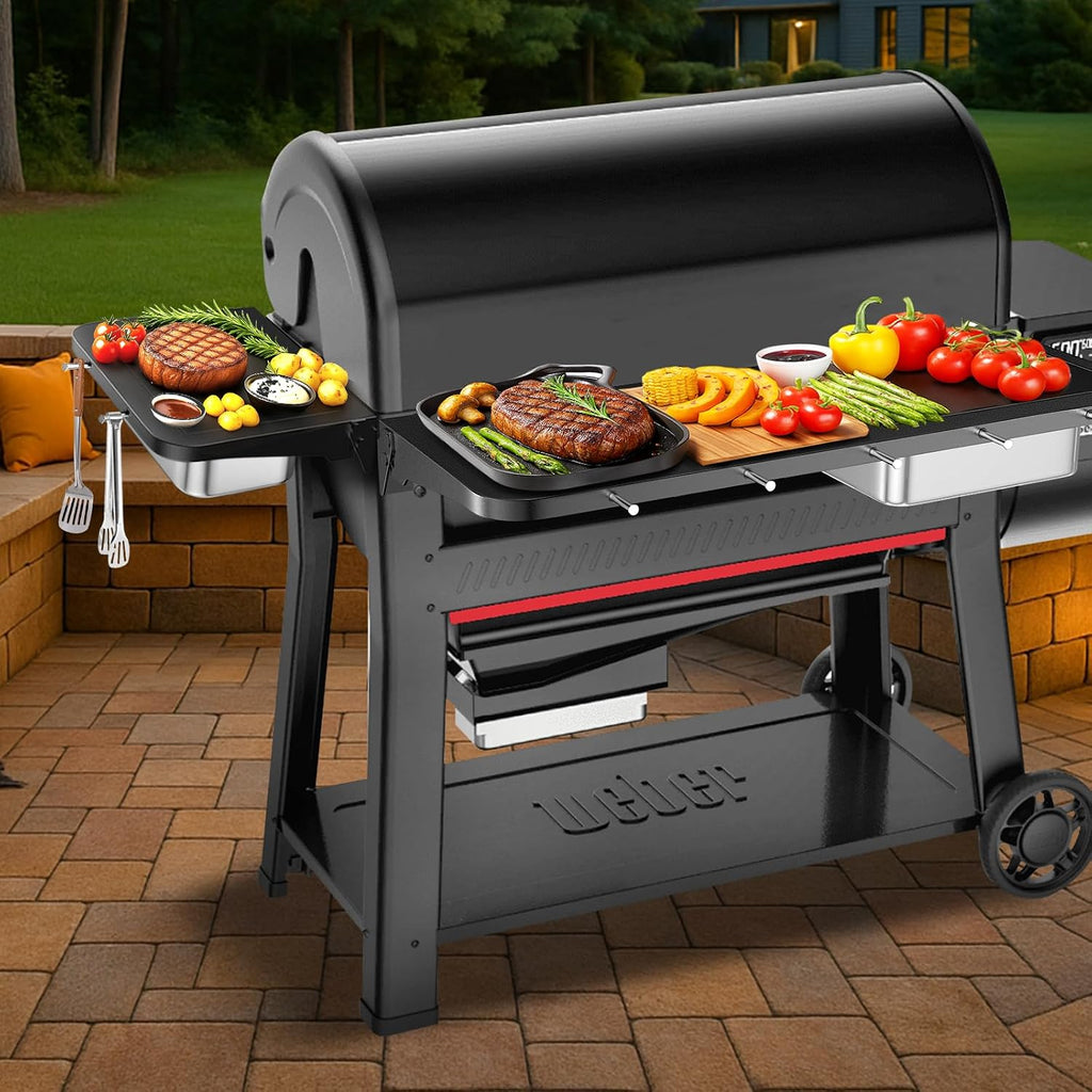 Utheer Front Folding Grill Table for Weber Searwood XL 600 – 35' x 12.5' Large Front Shelf with Stainless Steel Basin, Works Cutting Board, Lid & 5 Hooks, Heavy-Duty Weber Searwood XL 600 Accessories