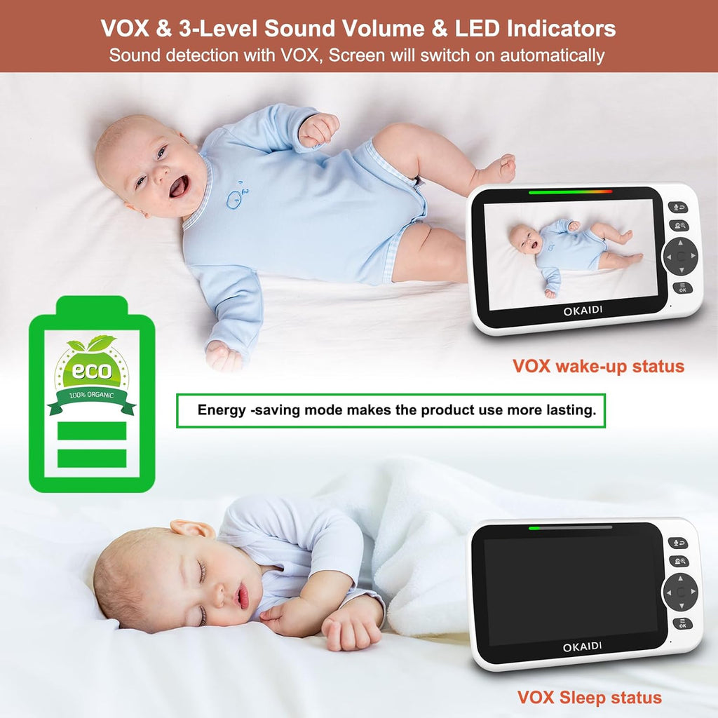 OKAIDI Video Baby Monitor with 4 Cameras, 5' Display Baby Monitor No WiFi, 30H Battery and 1000ft Range, 2-Way Talk, 8 Lullabies, Remote Pan-Tilt-Zoom Baby Camera for Baby Pet Elderly
