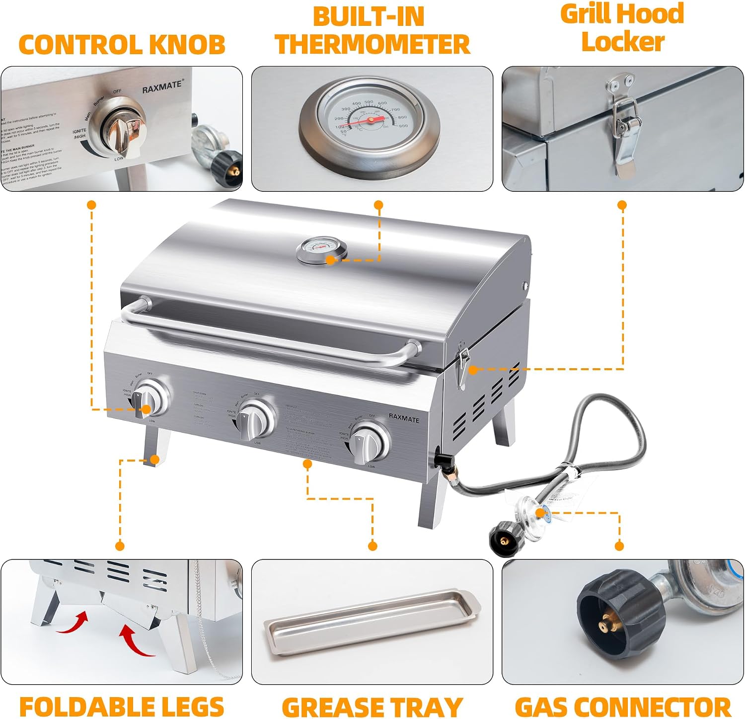 Tabletop Gas Grill 3-Burner, 22-inch Portable Propane Grill, 30,000 BTUs Stainless Steel Grill with Foldable Legs, Ideal for BBQ, Camping, Patio, Backyard, Tailgate, and Holiday Gatherings