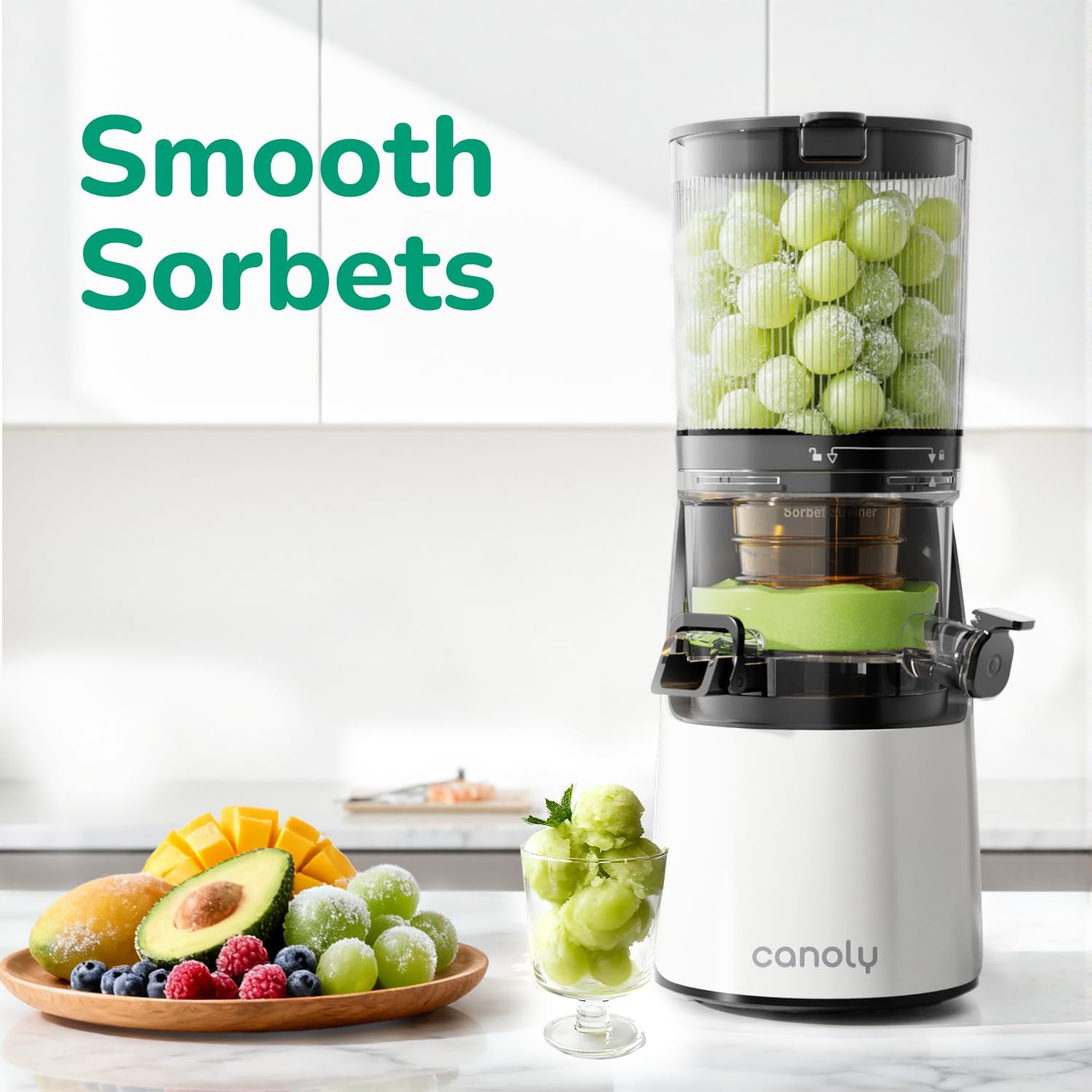 Canoly C16 Cold Press Juicer, 6' Extra Wide Feed Chute, 3-IN-1 Strainers (Juice & Sorbet & Nut Milk), Powerful AC Brushless Motor, Self Precut System, Juicer Machines with BPA-Free (Pearl White)