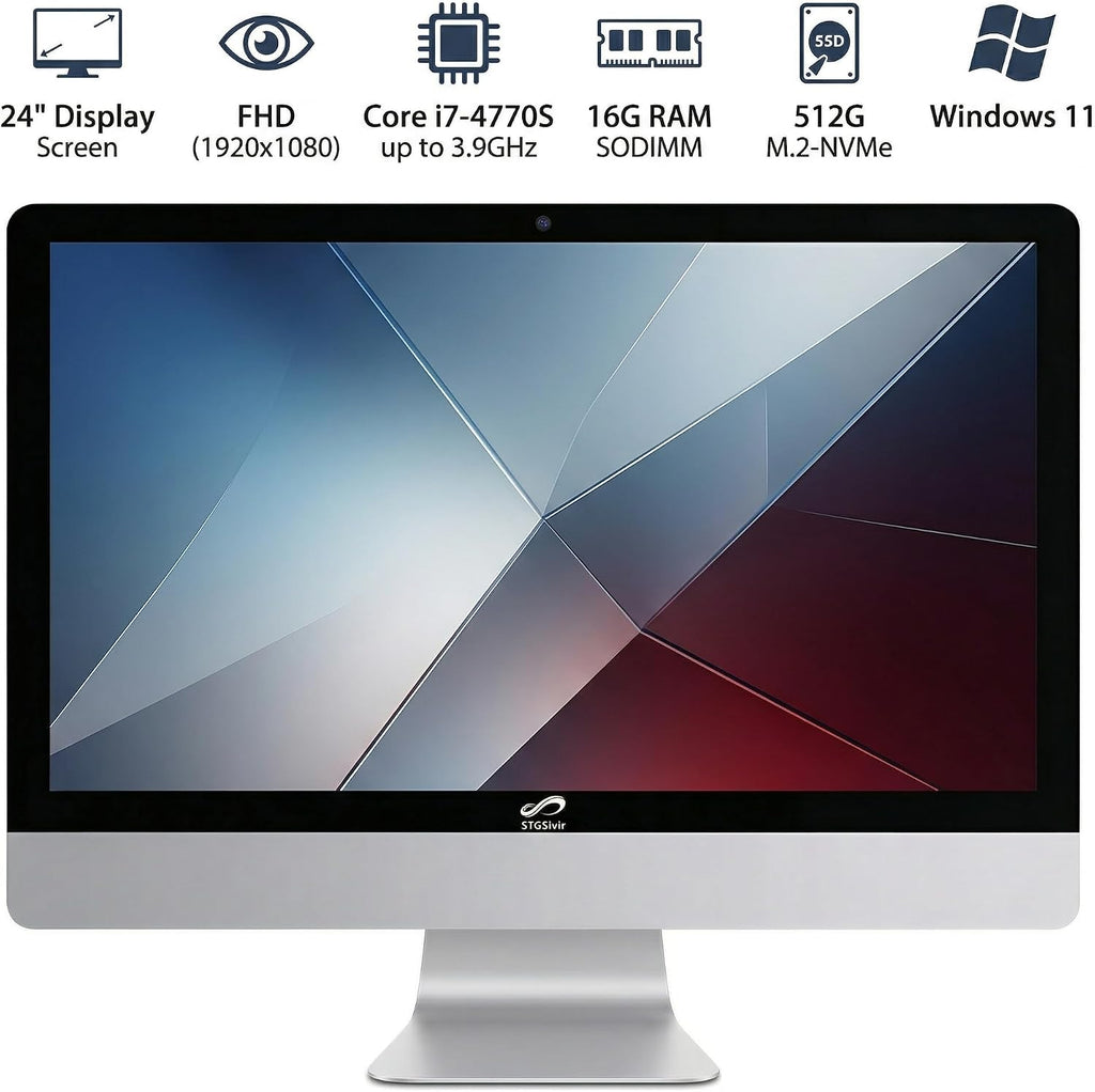 STGSivir All in One Desktop Computer 24' FHD Display, Intel Core i7 up to 3.9GHz, 16G Memory, 512G SSD, WiFi 5, Bluetooth, RGB Keyboard & Mouse, Webcam, Windows 11 Home